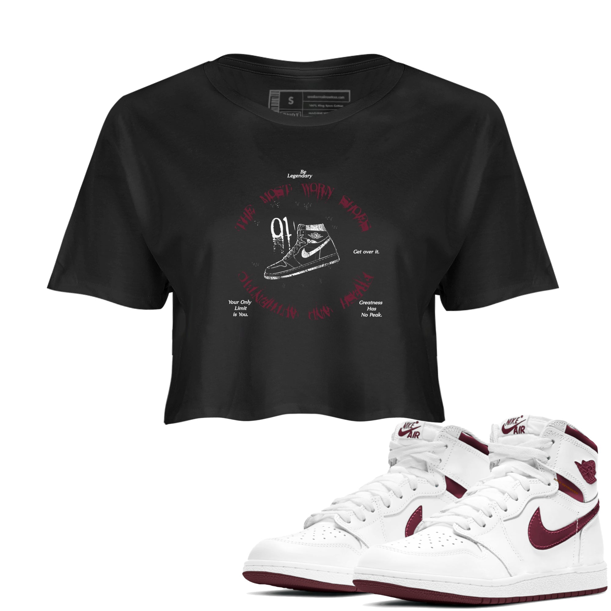 1s Metallic Burgundy shirts to match jordans The Most Worn Shoes sneaker match tees Jordan 1 Retro High '85 OG Metallic Burgundy Drip Gear Zone streetwear brand Black 1 crop tee