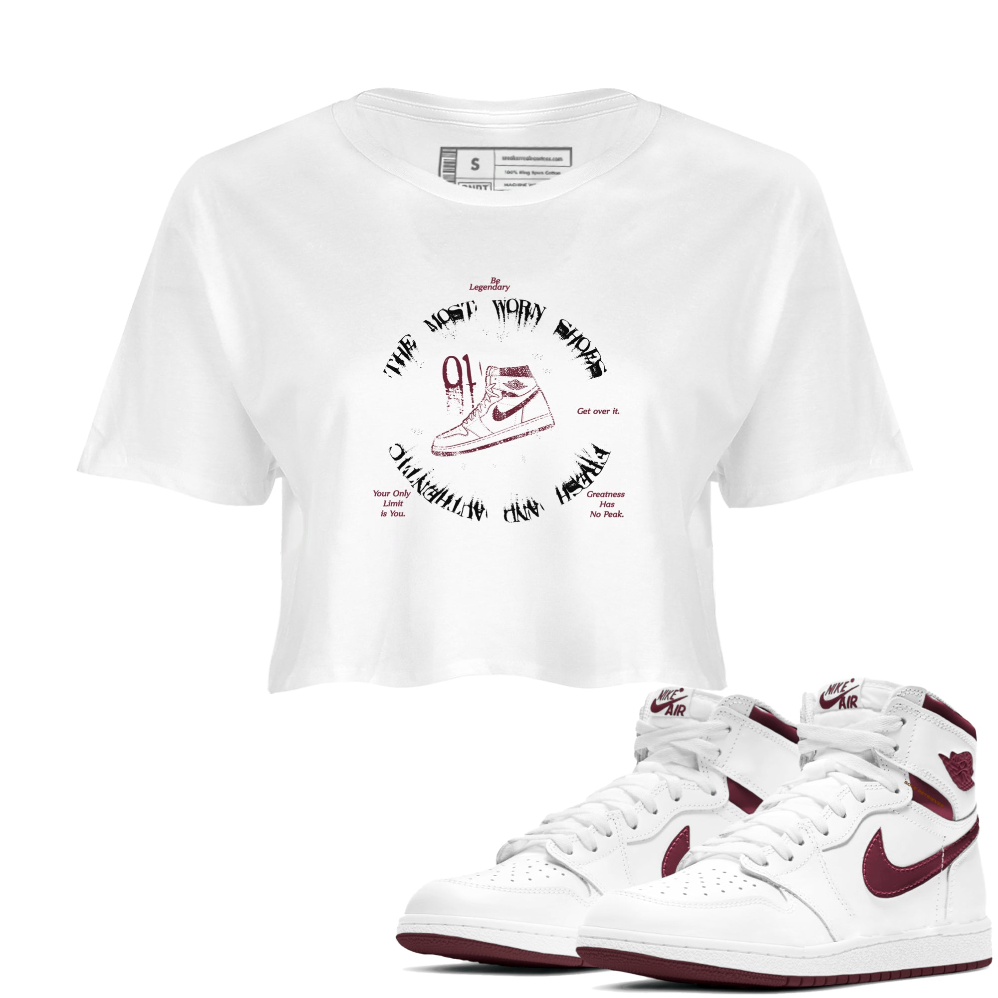 1s Metallic Burgundy shirts to match jordans The Most Worn Shoes sneaker match tees Jordan 1 Retro High '85 OG Metallic Burgundy Drip Gear Zone streetwear brand White 1 crop tee