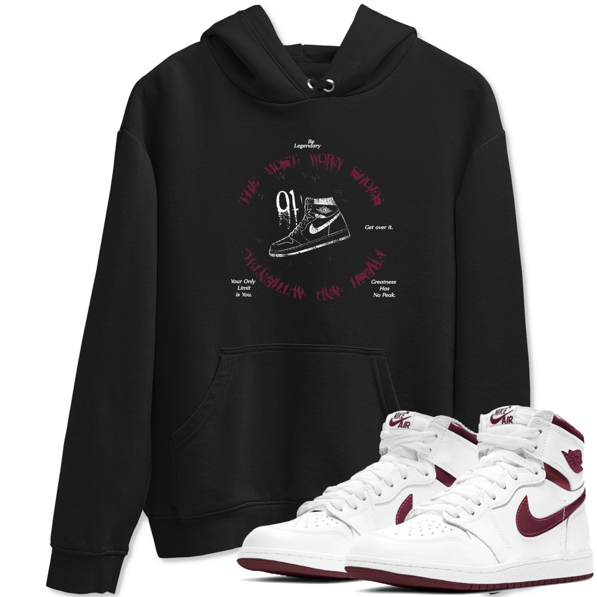 1s Metallic Burgundy shirts to match jordans The Most Worn Shoes sneaker match tees Jordan 1 Retro High '85 OG Metallic Burgundy Drip Gear Zone streetwear brand Black 1 unisex cotton tee