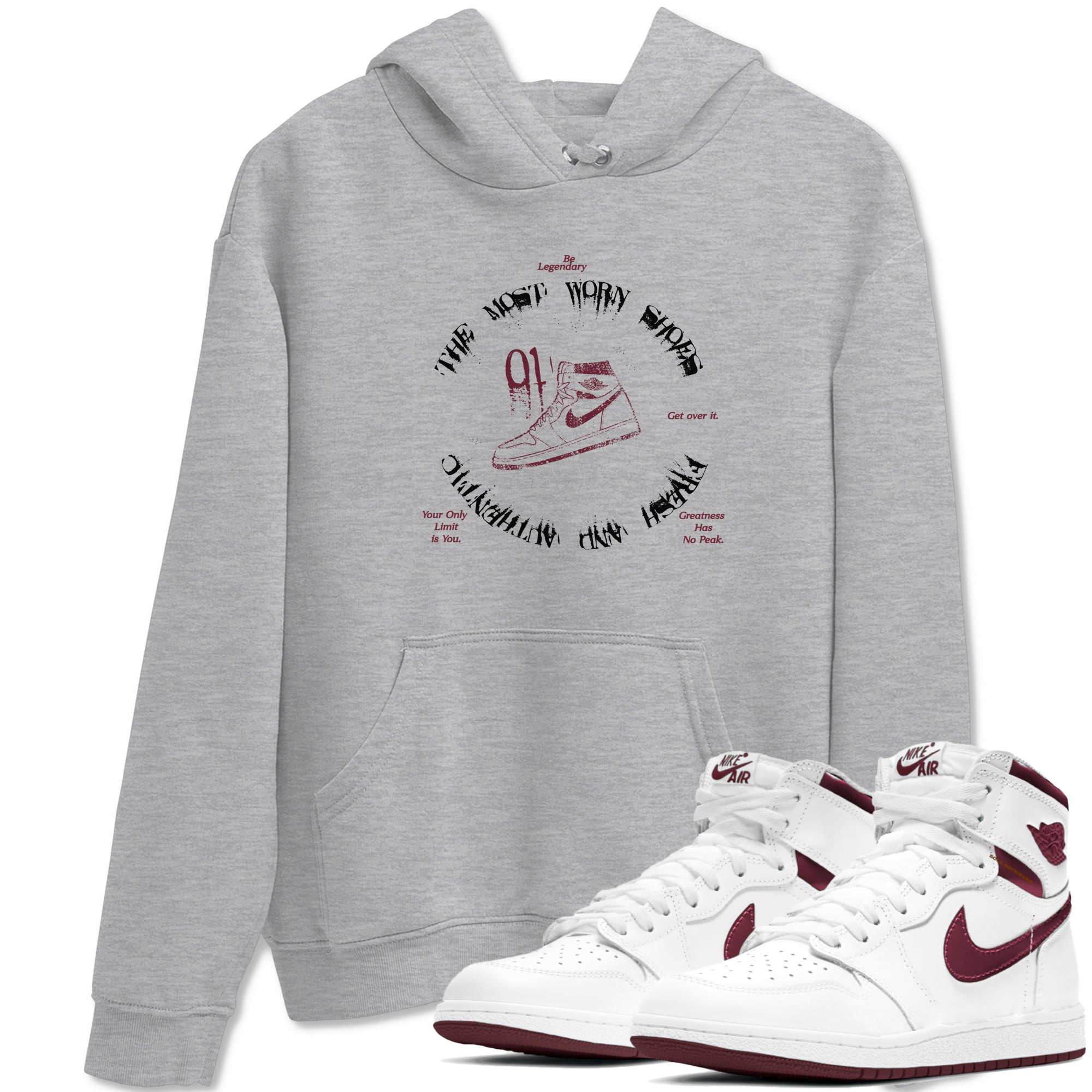 1s Metallic Burgundy shirts to match jordans The Most Worn Shoes sneaker match tees Jordan 1 Retro High '85 OG Metallic Burgundy Drip Gear Zone streetwear brand Heather Grey 1 unisex cotton tee