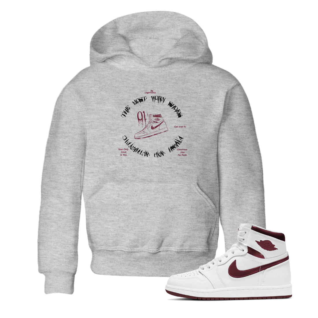1s Metallic Burgundy shirts to match jordans The Most Worn Shoes sneaker match tees Jordan 1 Retro High '85 OG Metallic Burgundy Drip Gear Zone streetwear brand Baby and Youth Heather Grey 1 cotton tee