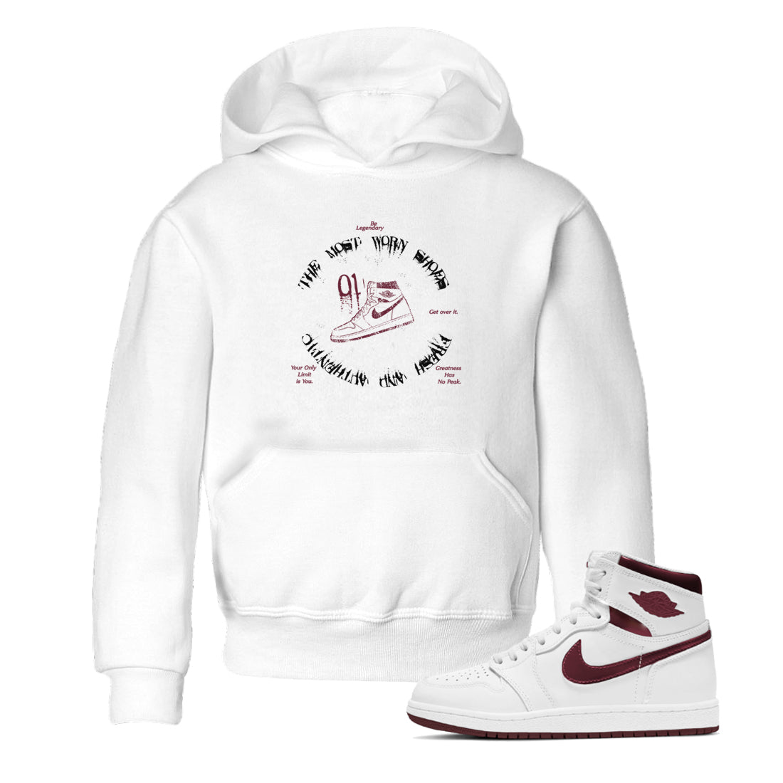 1s Metallic Burgundy shirts to match jordans The Most Worn Shoes sneaker match tees Jordan 1 Retro High '85 OG Metallic Burgundy Drip Gear Zone streetwear brand Baby and Youth White 1 cotton tee