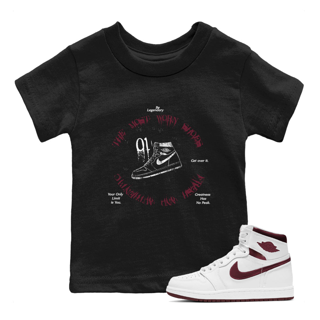 1s Metallic Burgundy shirts to match jordans The Most Worn Shoes sneaker match tees Jordan 1 Retro High '85 OG Metallic Burgundy Drip Gear Zone streetwear brand Baby and Youth Black 1 cotton tee