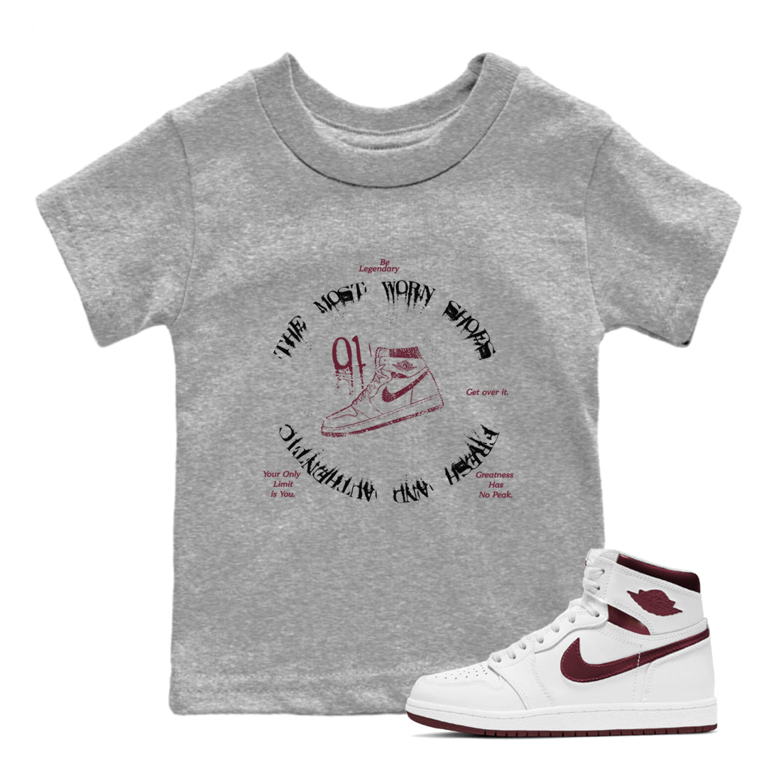 1s Metallic Burgundy shirts to match jordans The Most Worn Shoes sneaker match tees Jordan 1 Retro High '85 OG Metallic Burgundy Drip Gear Zone streetwear brand Baby and Youth Heather Grey 1 cotton tee