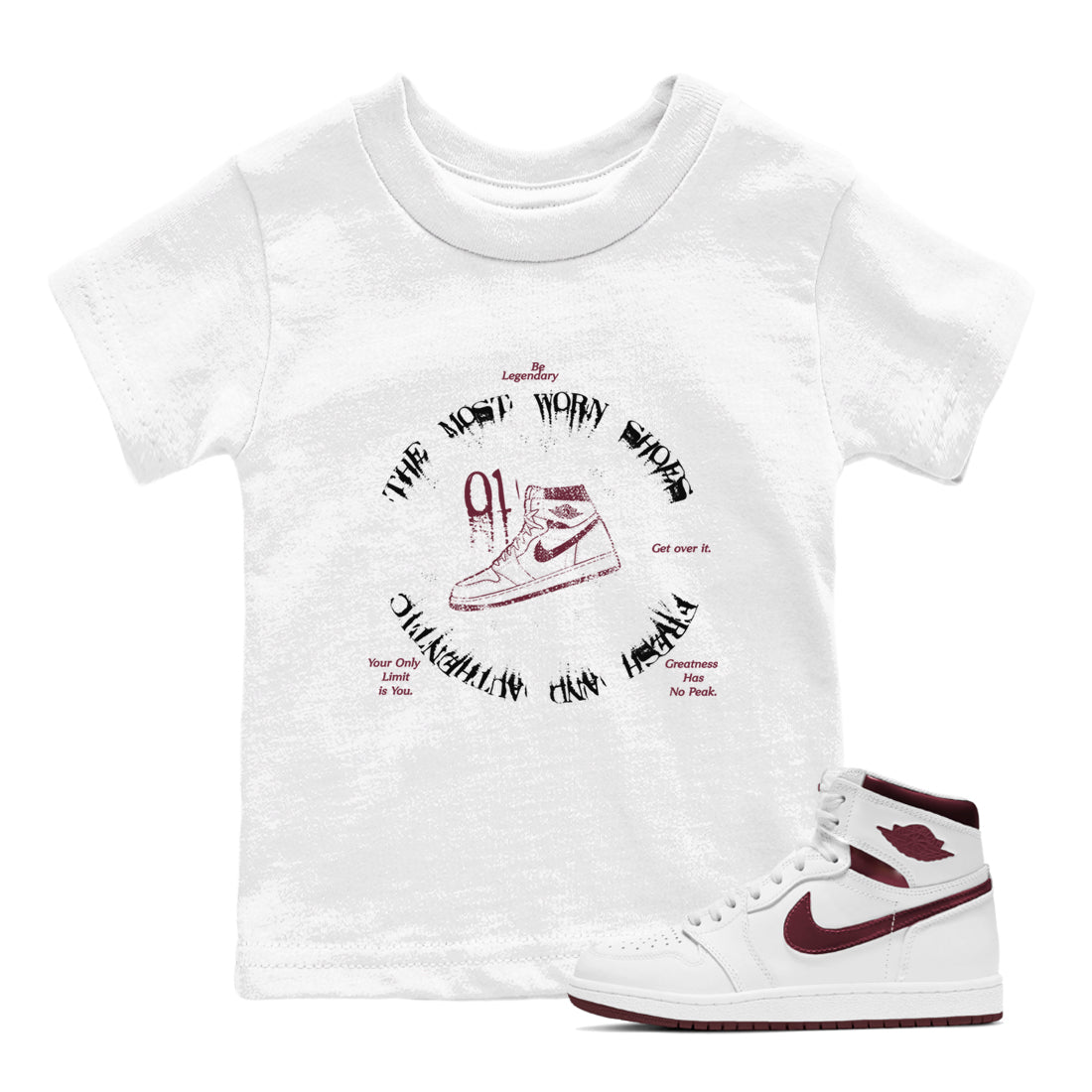 1s Metallic Burgundy shirts to match jordans The Most Worn Shoes sneaker match tees Jordan 1 Retro High '85 OG Metallic Burgundy Drip Gear Zone streetwear brand Baby and Youth White 1 cotton tee