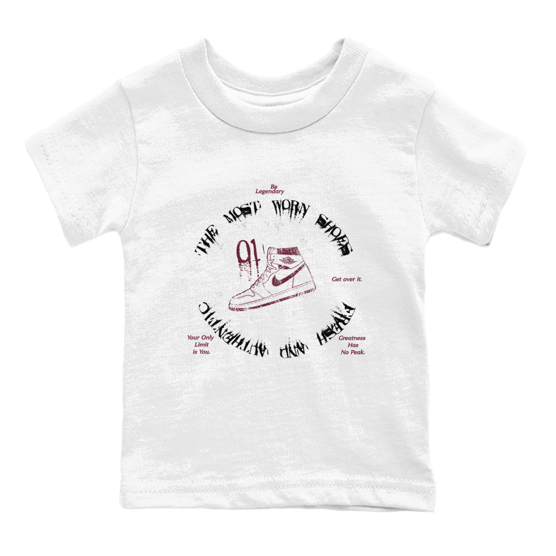 1s Metallic Burgundy shirts to match jordans The Most Worn Shoes sneaker match tees Jordan 1 Retro High '85 OG Metallic Burgundy Drip Gear Zone streetwear brand Baby and Youth White 2 cotton tee