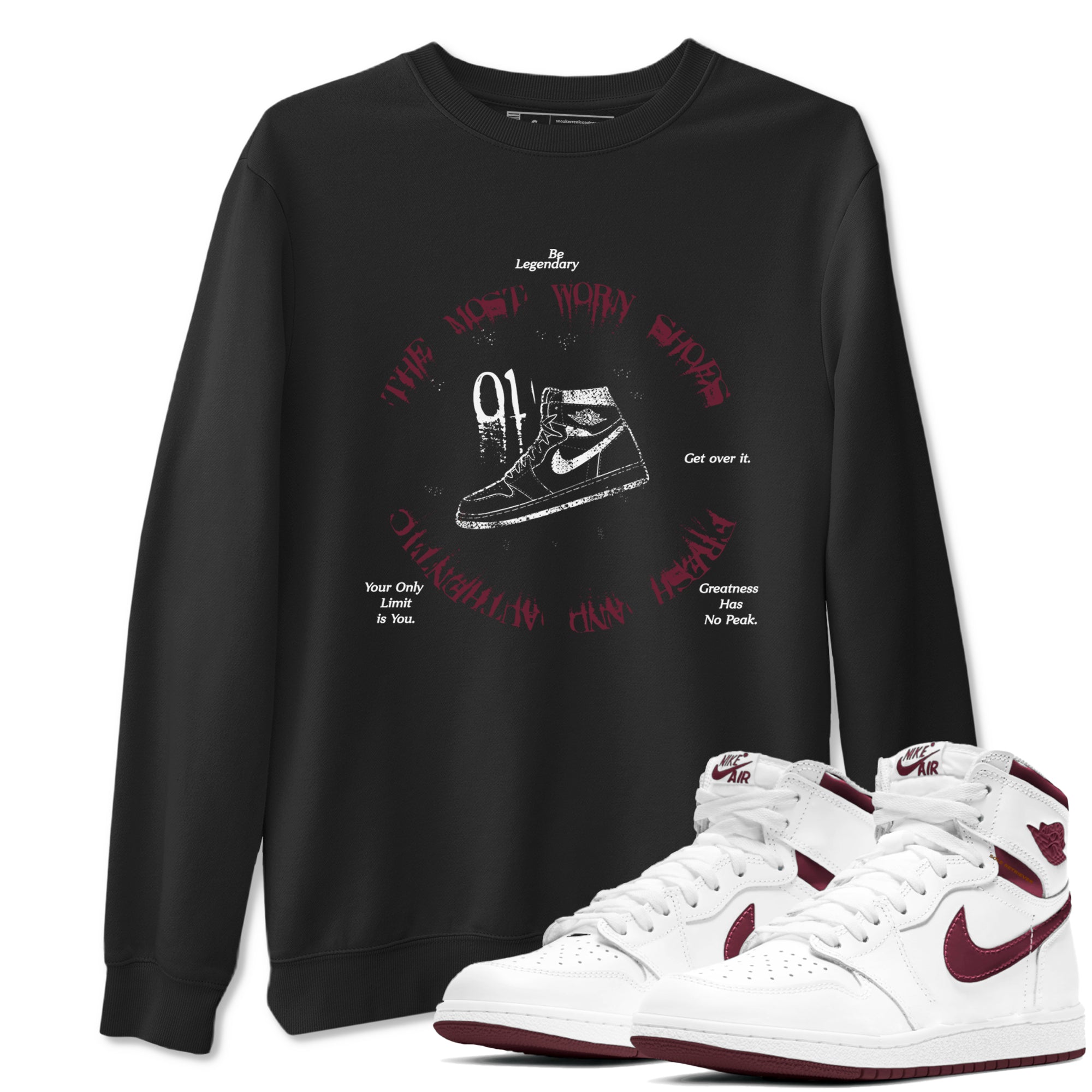1s Metallic Burgundy shirts to match jordans The Most Worn Shoes sneaker match tees Jordan 1 Retro High '85 OG Metallic Burgundy Drip Gear Zone streetwear brand Black 1 unisex cotton tee