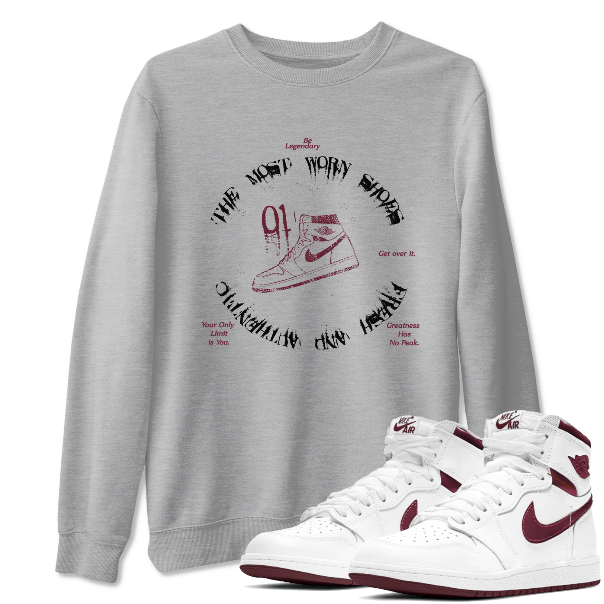 1s Metallic Burgundy shirts to match jordans The Most Worn Shoes sneaker match tees Jordan 1 Retro High '85 OG Metallic Burgundy Drip Gear Zone streetwear brand Heather Grey 1 unisex cotton tee