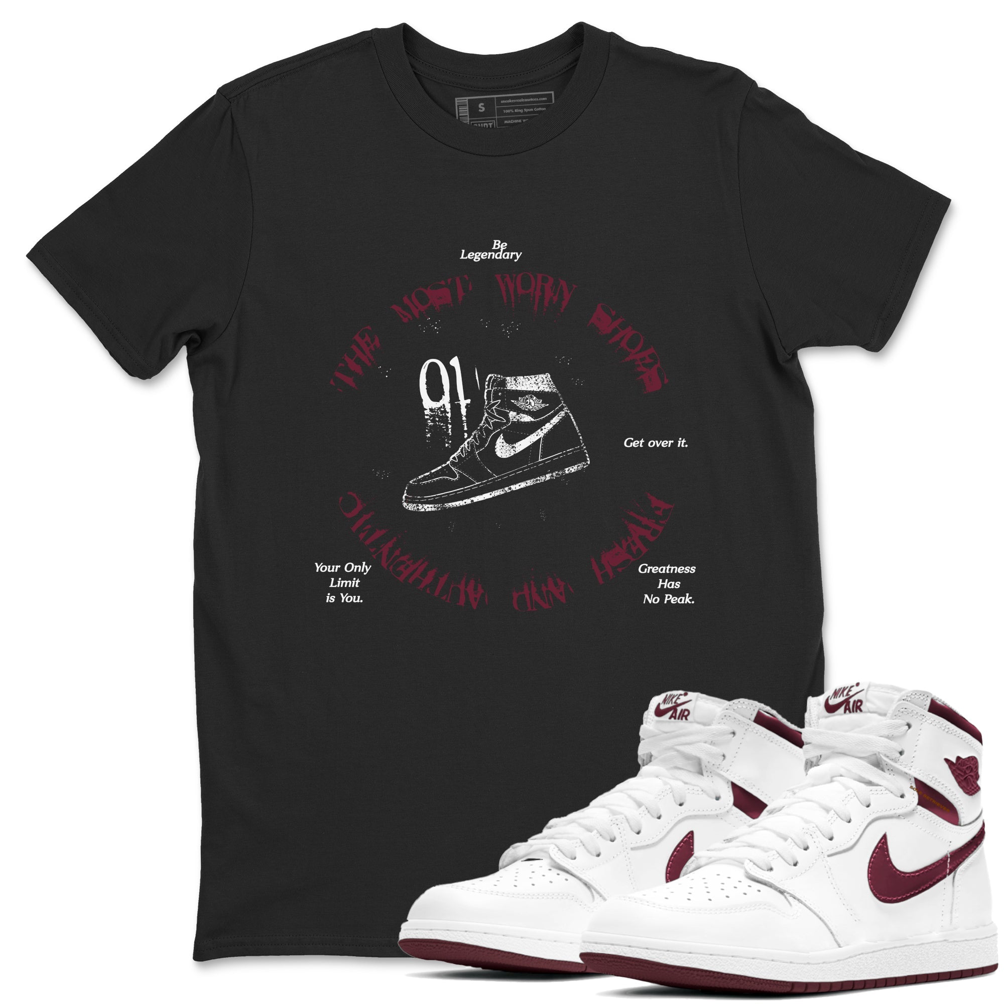 1s Metallic Burgundy shirts to match jordans The Most Worn Shoes sneaker match tees Jordan 1 Retro High '85 OG Metallic Burgundy Drip Gear Zone streetwear brand Black 1 unisex cotton tee