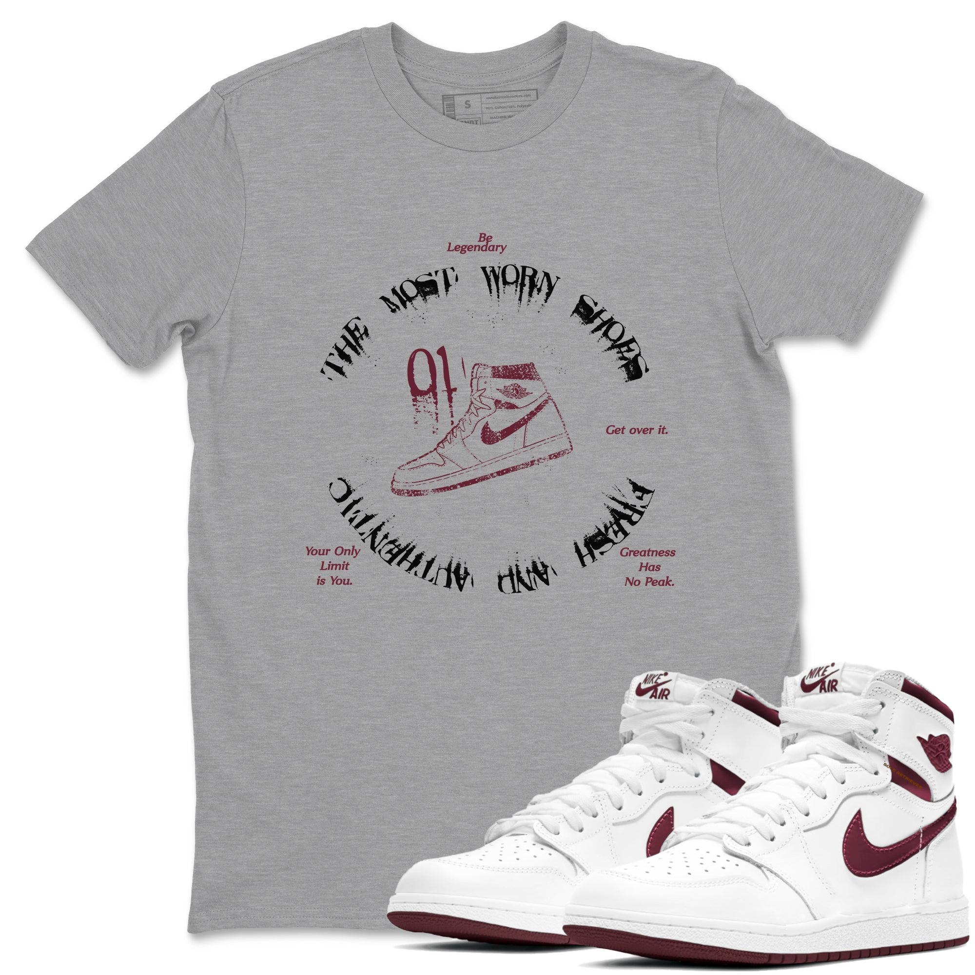 1s Metallic Burgundy shirts to match jordans The Most Worn Shoes sneaker match tees Jordan 1 Retro High '85 OG Metallic Burgundy Drip Gear Zone streetwear brand Heather Grey 1 unisex cotton tee