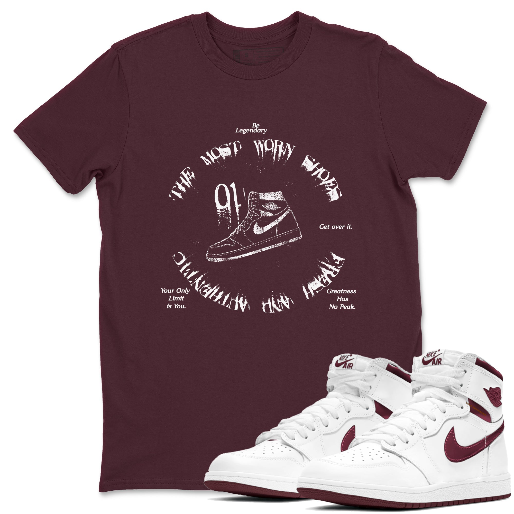 1s Metallic Burgundy shirts to match jordans The Most Worn Shoes sneaker match tees Jordan 1 Retro High '85 OG Metallic Burgundy Drip Gear Zone streetwear brand Maroon 1 unisex cotton tee