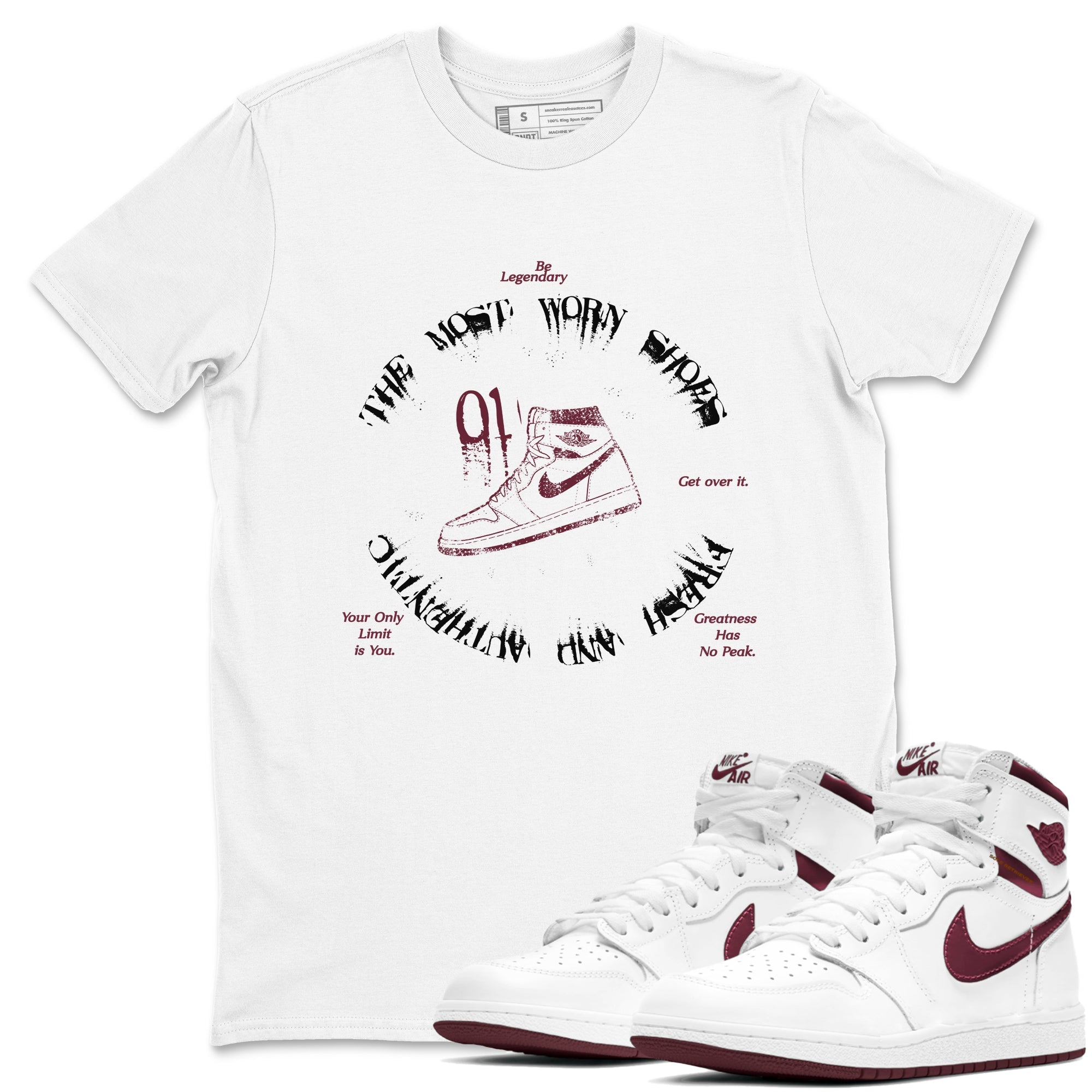 1s Metallic Burgundy shirts to match jordans The Most Worn Shoes sneaker match tees Jordan 1 Retro High '85 OG Metallic Burgundy Drip Gear Zone streetwear brand White 1 unisex cotton tee