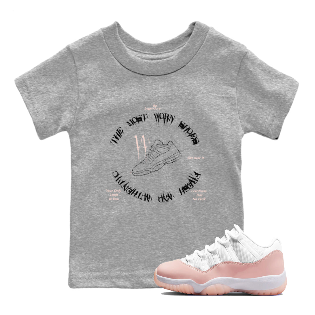 11s Legend Pink shirts to match jordans The Most Worn Shoes sneaker match tees Air Jordan 11 Legend Pink Drip Gear Zone streetwear brand Baby and Youth Heather Grey 1 cotton tee