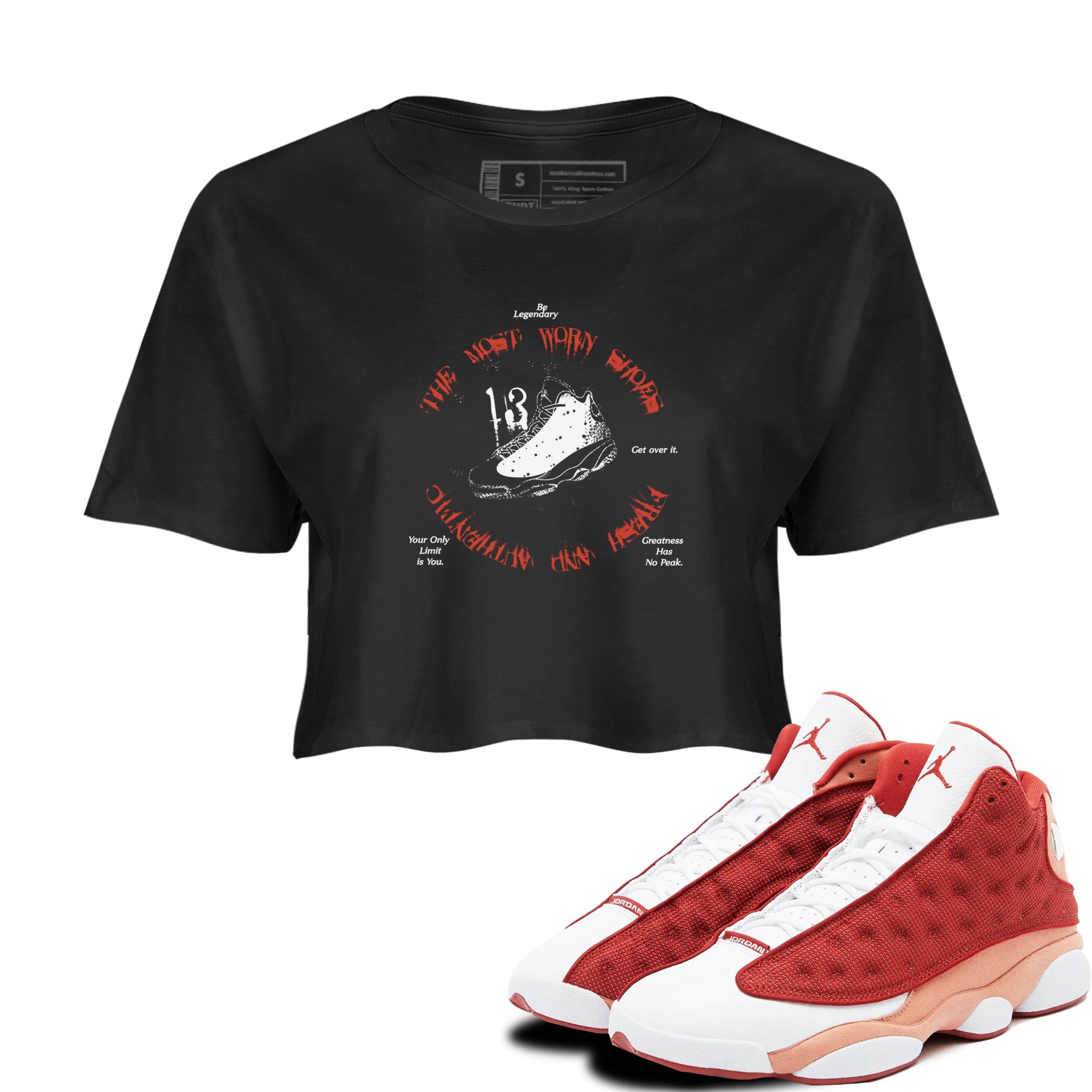 13s Dune Red shirts to match jordans The Most Worn Shoes sneaker match tees Air Jordan 13 Dune Red Drip Gear Zone streetwear brand Black 1 crop tee