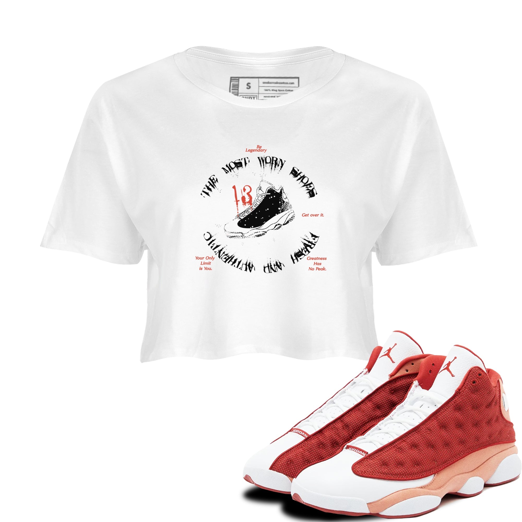 13s Dune Red shirts to match jordans The Most Worn Shoes sneaker match tees Air Jordan 13 Dune Red Drip Gear Zone streetwear brand White 1 crop tee
