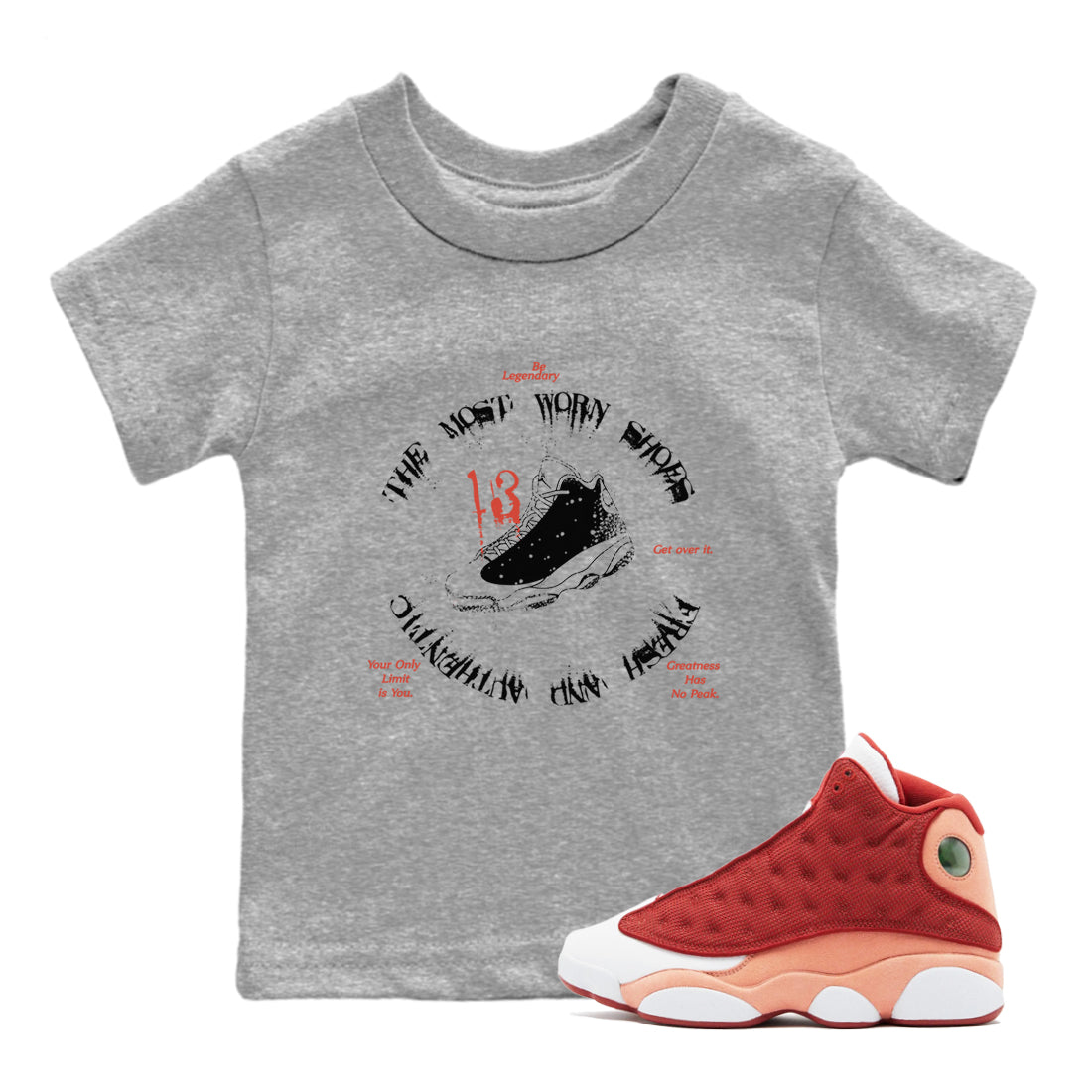 13s Dune Red shirts to match jordans The Most Worn Shoes sneaker match tees Air Jordan 13 Dune Red Drip Gear Zone streetwear brand Baby and Youth Heather Grey 1 cotton tee