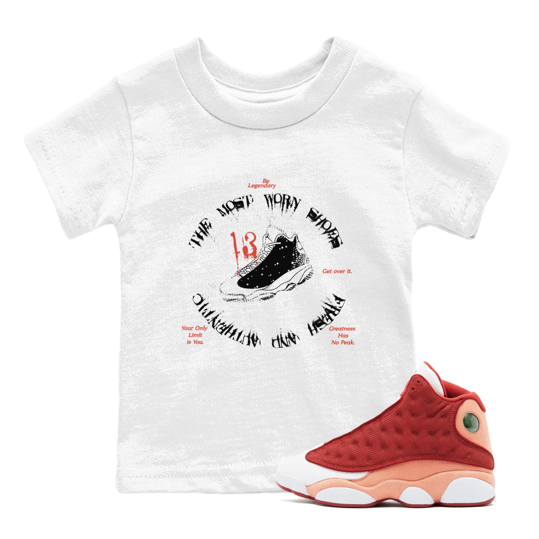 13s Dune Red shirts to match jordans The Most Worn Shoes sneaker match tees Air Jordan 13 Dune Red Drip Gear Zone streetwear brand Baby and Youth White 1 cotton tee