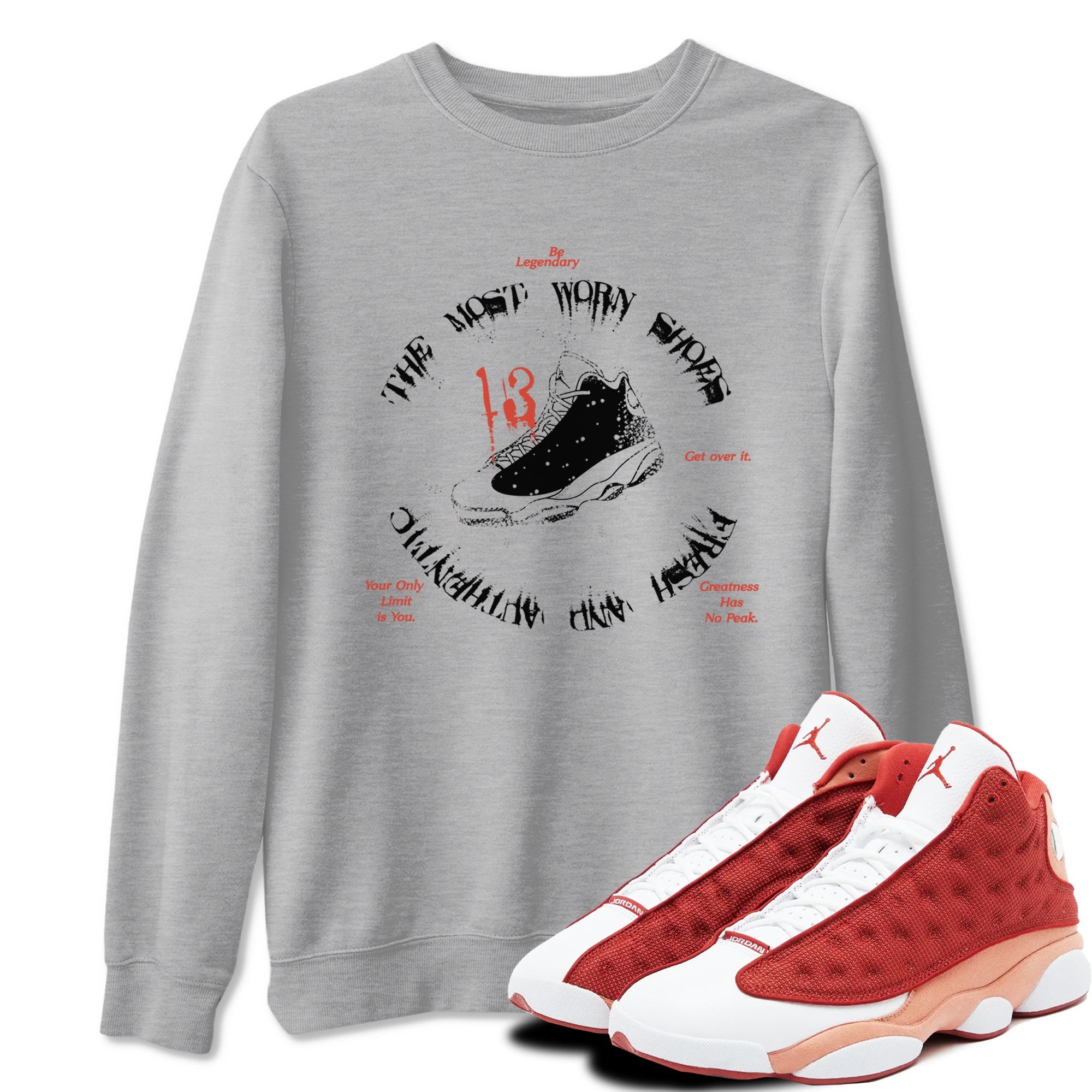 13s Dune Red shirts to match jordans The Most Worn Shoes sneaker match tees Air Jordan 13 Dune Red Drip Gear Zone streetwear brand Heather Grey 1 unisex cotton tee
