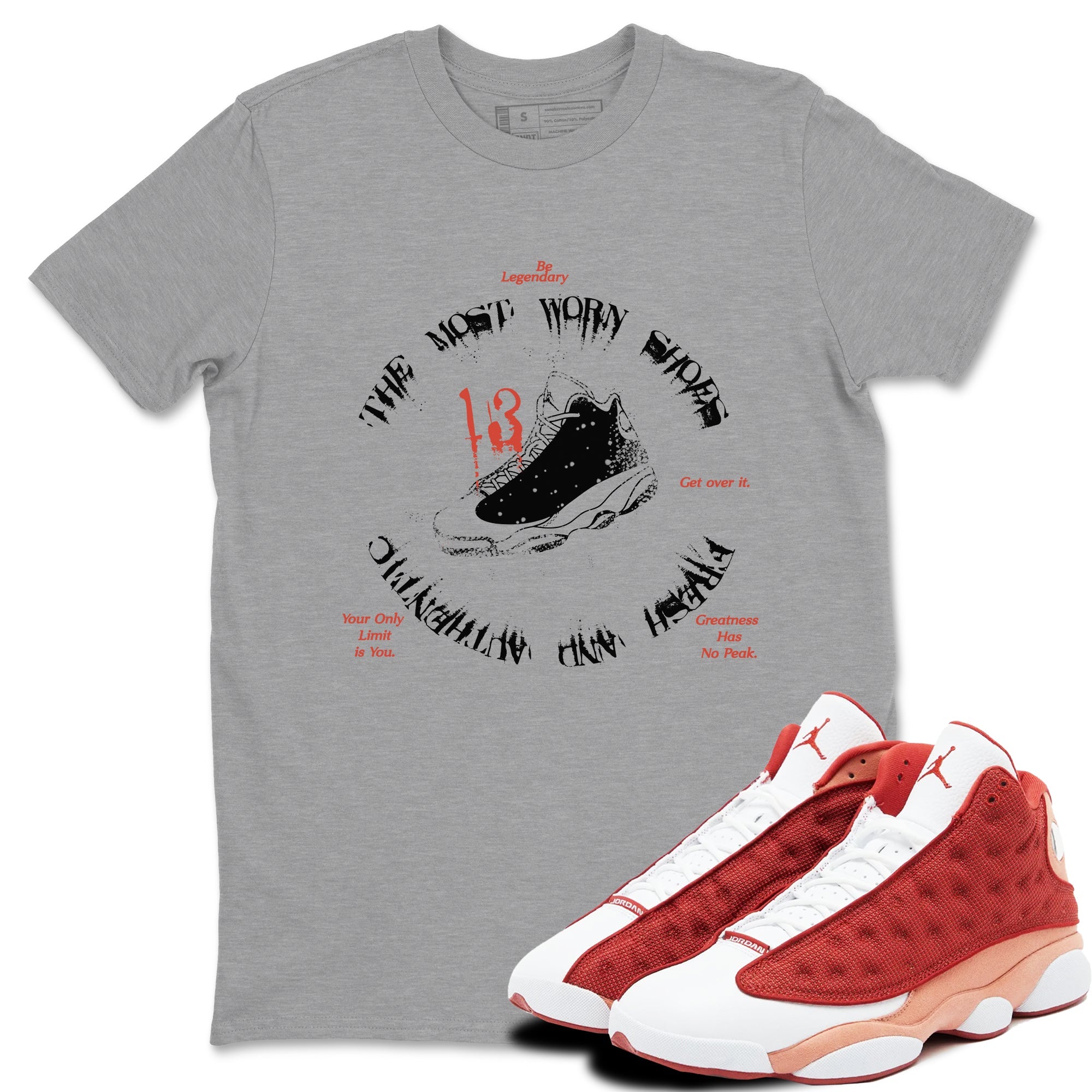 13s Dune Red shirts to match jordans The Most Worn Shoes sneaker match tees Air Jordan 13 Dune Red Drip Gear Zone streetwear brand Heather Grey 1 unisex cotton tee