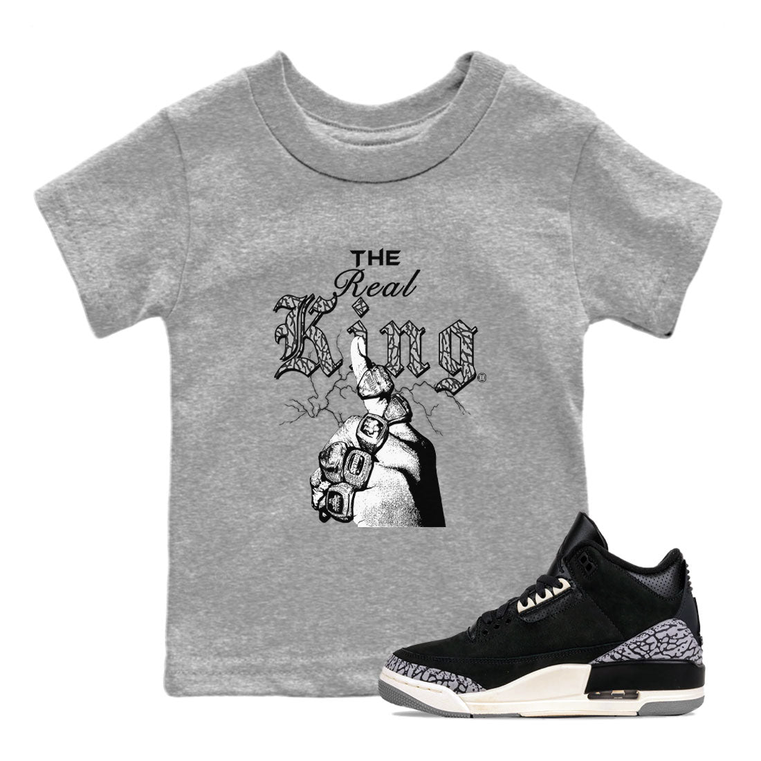 3s Retro Off Noir shirt to match jordans The Real King sneaker tees Air Jordan 3 Off Noir Drip Gear Zone Baby Toddler Heather Grey 1 T-Shirt