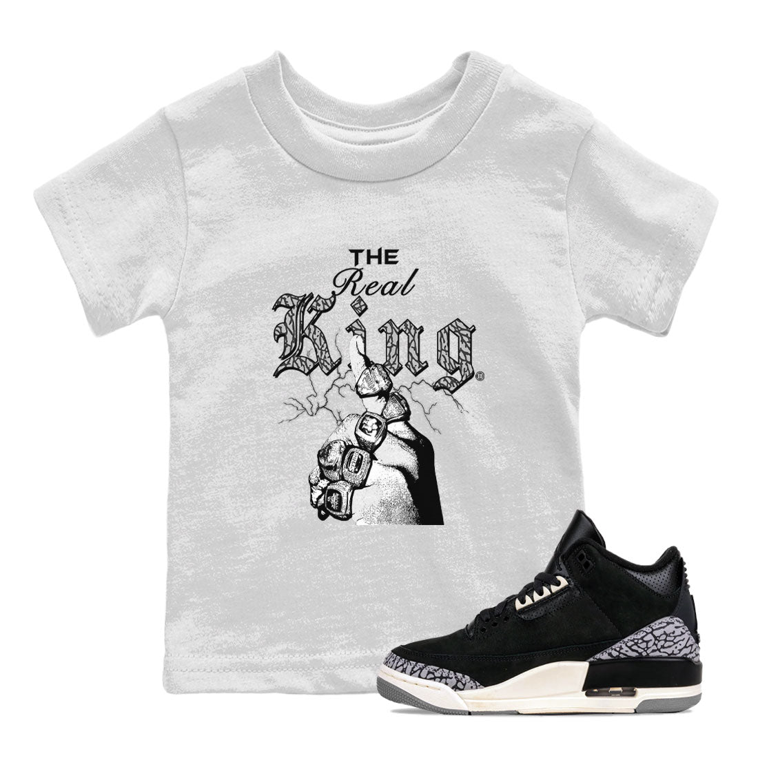 3s Retro Off Noir shirt to match jordans The Real King sneaker tees Air Jordan 3 Off Noir Drip Gear Zone Baby Toddler White 1 T-Shirt
