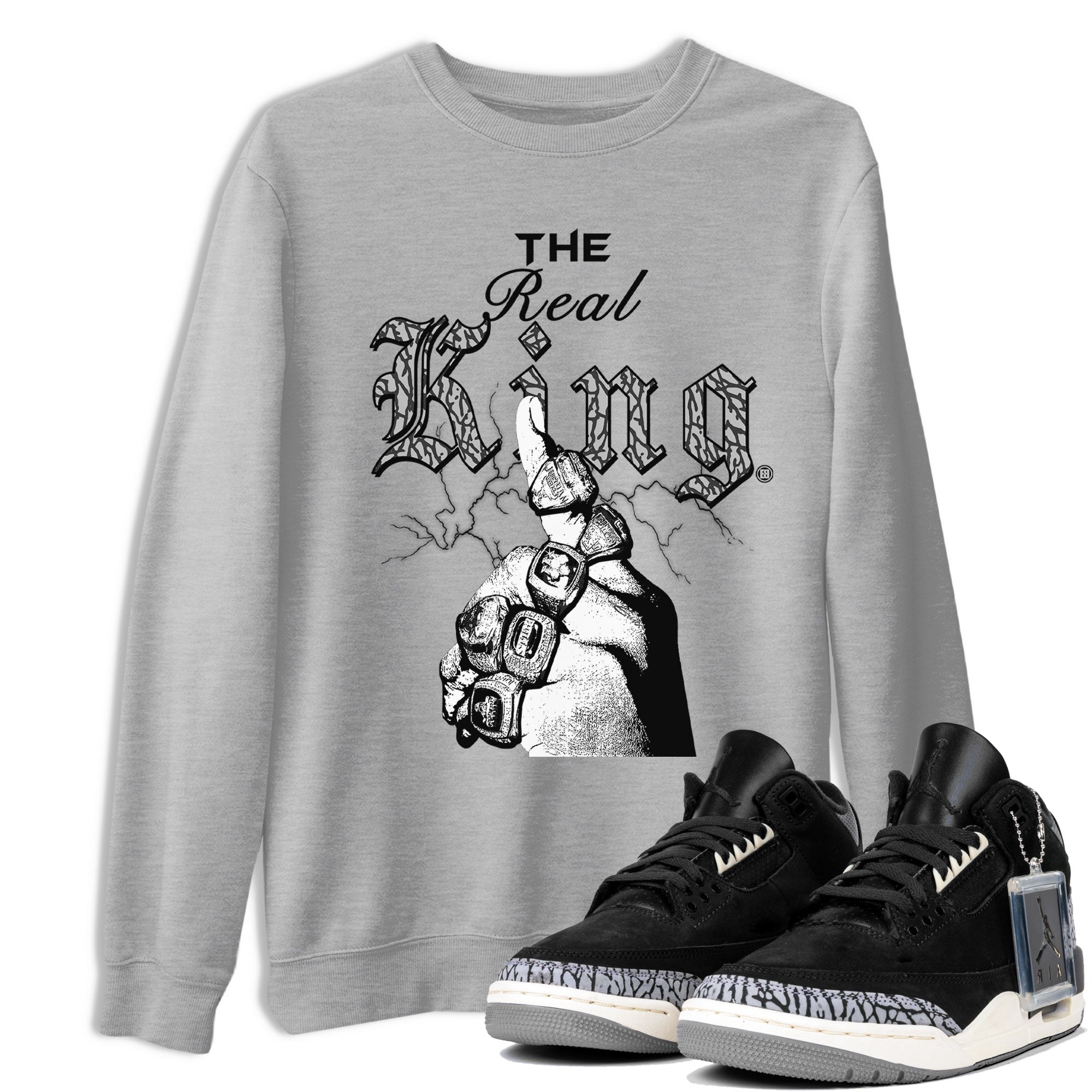 3s Retro Off Noir shirt to match jordans The Real King sneaker tees Air Jordan 3 Off Noir Drip Gear Zone Streetwear Casual Fit Heather Grey 1 T-Shirt