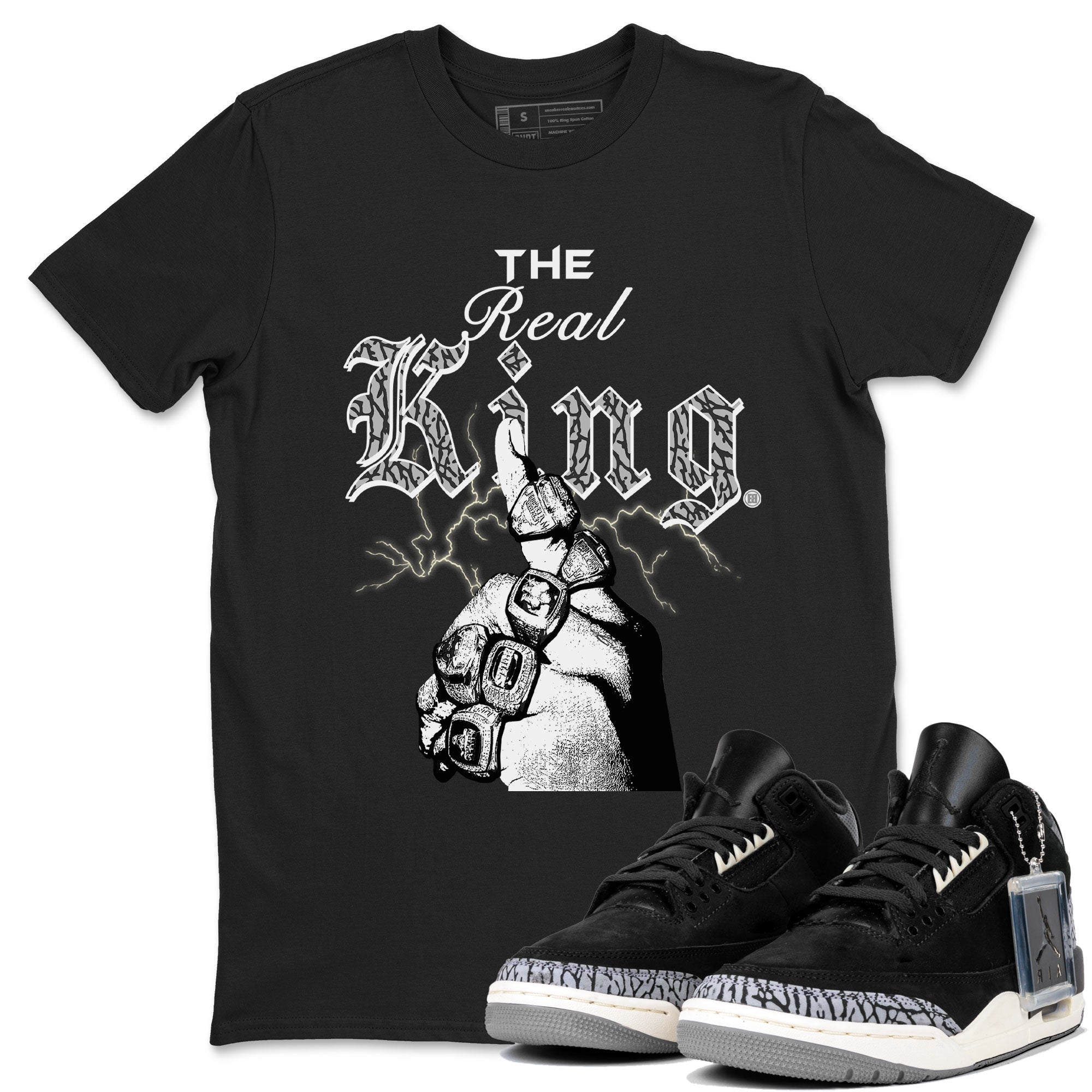 3s Retro Off Noir shirt to match jordans The Real King sneaker tees Air Jordan 3 Off Noir Drip Gear Zone Streetwear Casual Fit Black 1 T-Shirt