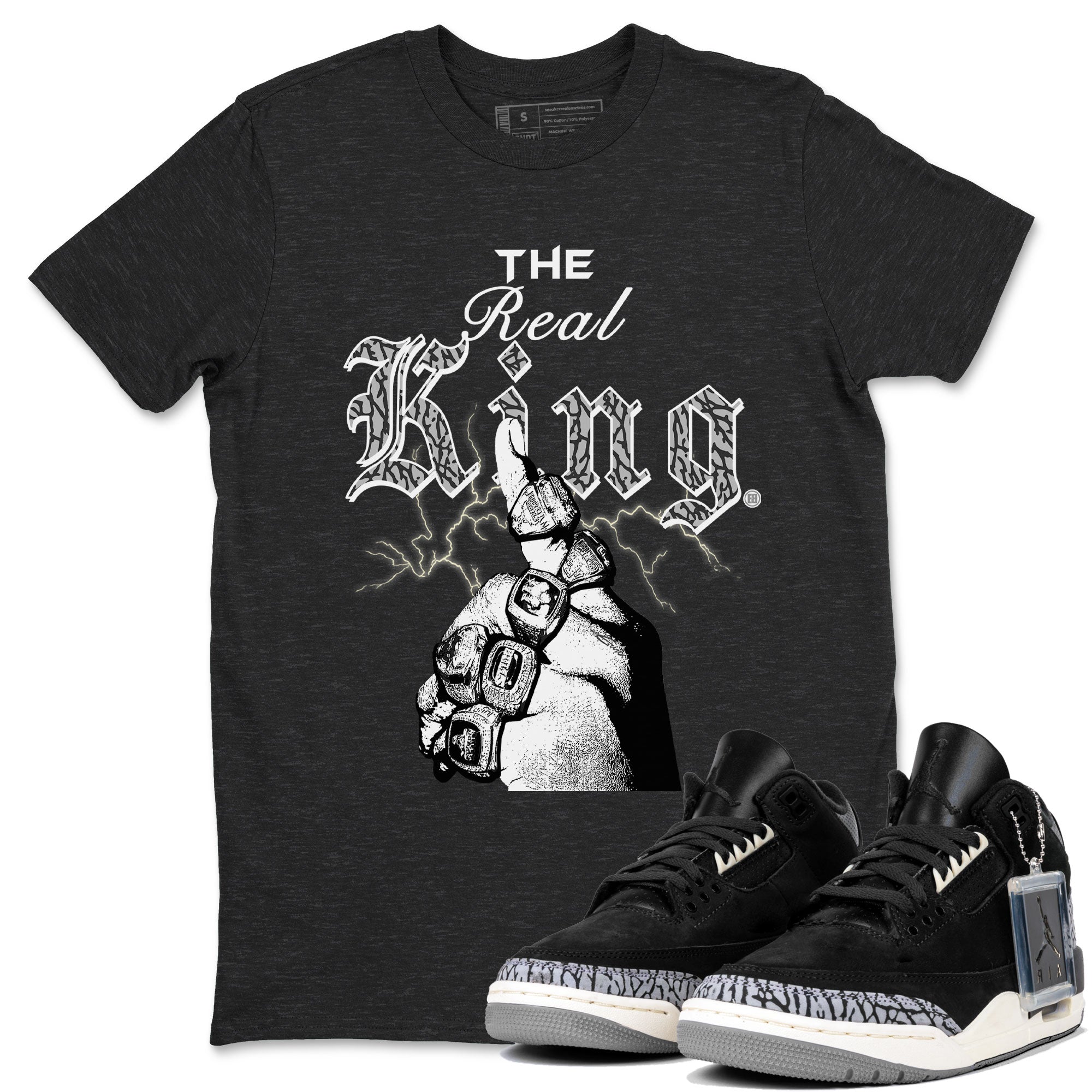 3s Retro Off Noir shirt to match jordans The Real King sneaker tees Air Jordan 3 Off Noir Drip Gear Zone Streetwear Casual Fit Charcoal Heather 1 T-Shirt