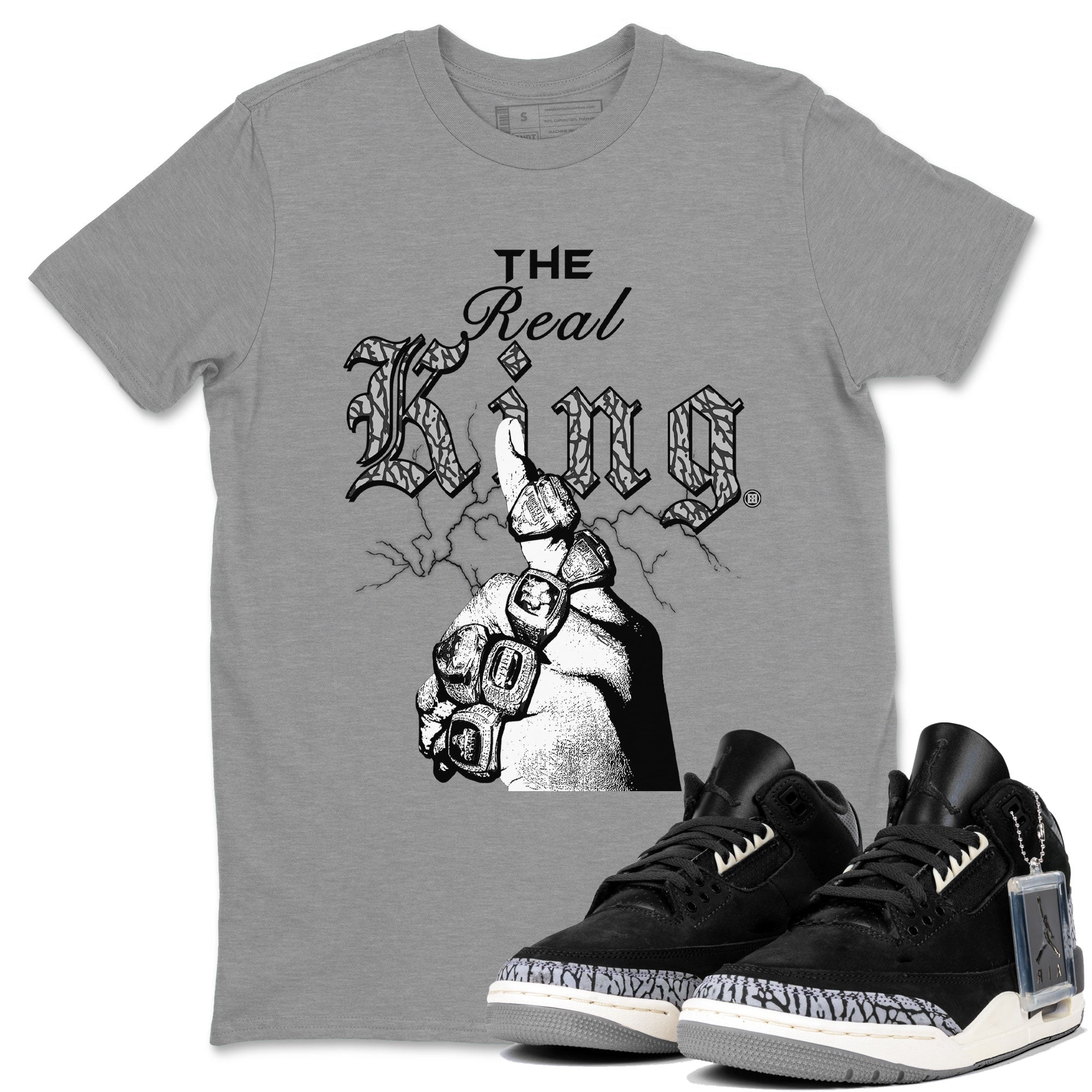 3s Retro Off Noir shirt to match jordans The Real King sneaker tees Air Jordan 3 Off Noir Drip Gear Zone Streetwear Casual Fit Heather Grey 1 T-Shirt