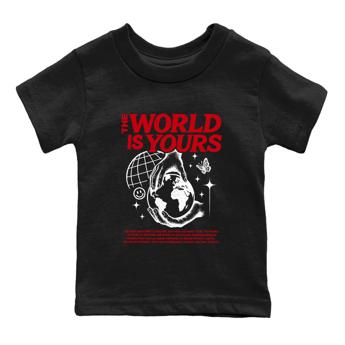 5s Fire Red Sneaker match tees  Sneaker Tees To Match Jordan 5 Retro Fire Red Sneakers  The World Is Yours Kids Graphic T-Shirt Black 2