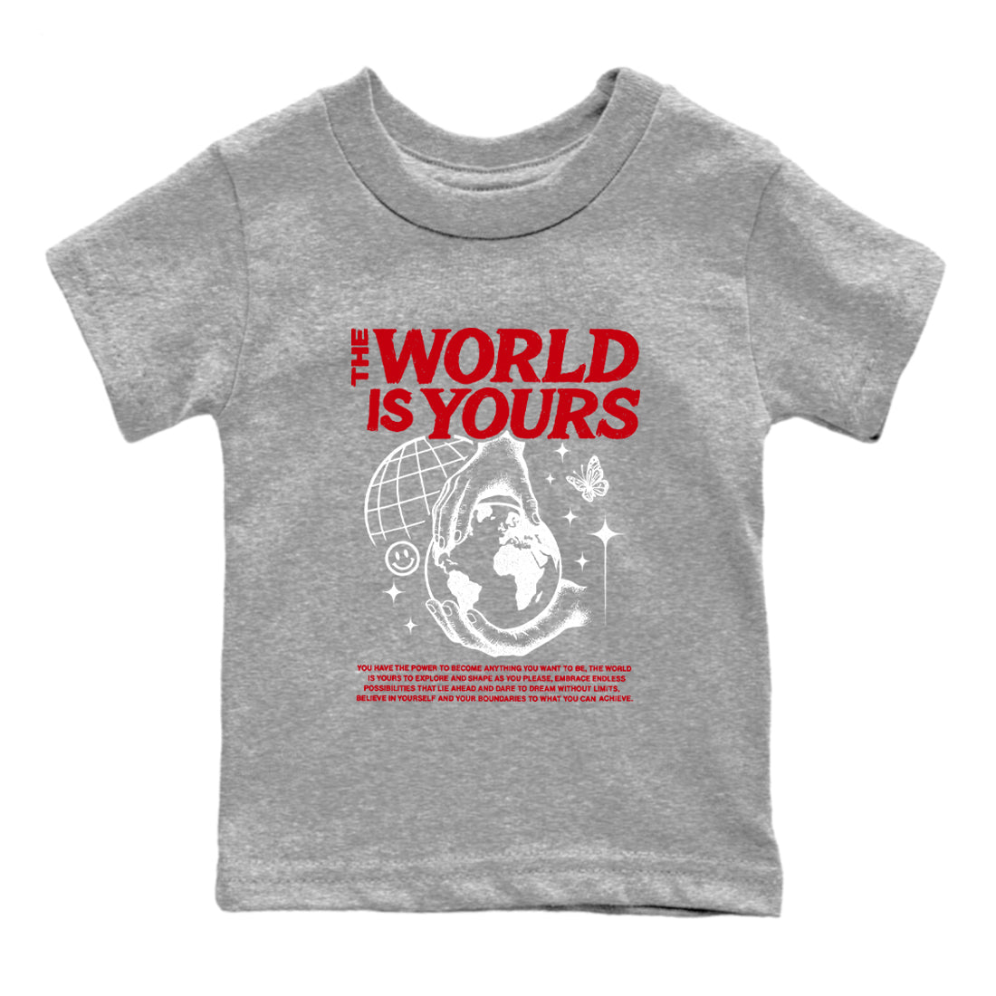 5s Fire Red Sneaker match tees  Sneaker Tees To Match Jordan 5 Retro Fire Red Sneakers  The World Is Yours Kids Graphic T-Shirt Heather Grey 2