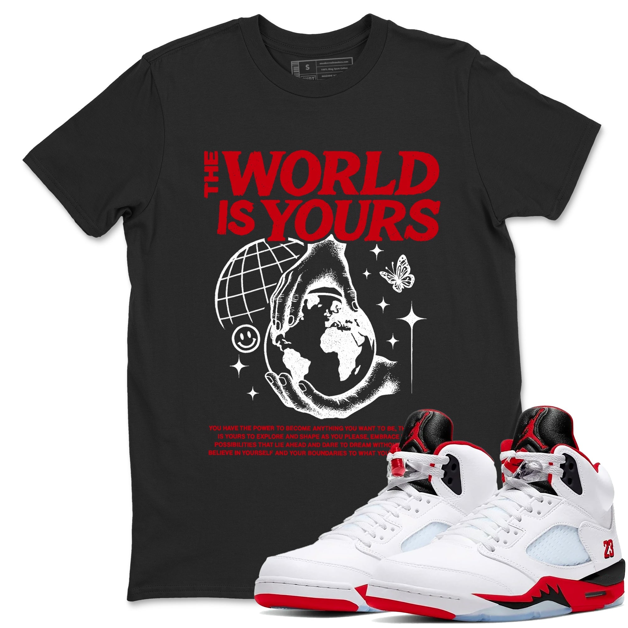 5s Fire Red Sneaker match tees  Sneaker Tees To Match Jordan 5 Retro Fire Red Sneakers  The World Is Yours Graphic Tee Black 1
