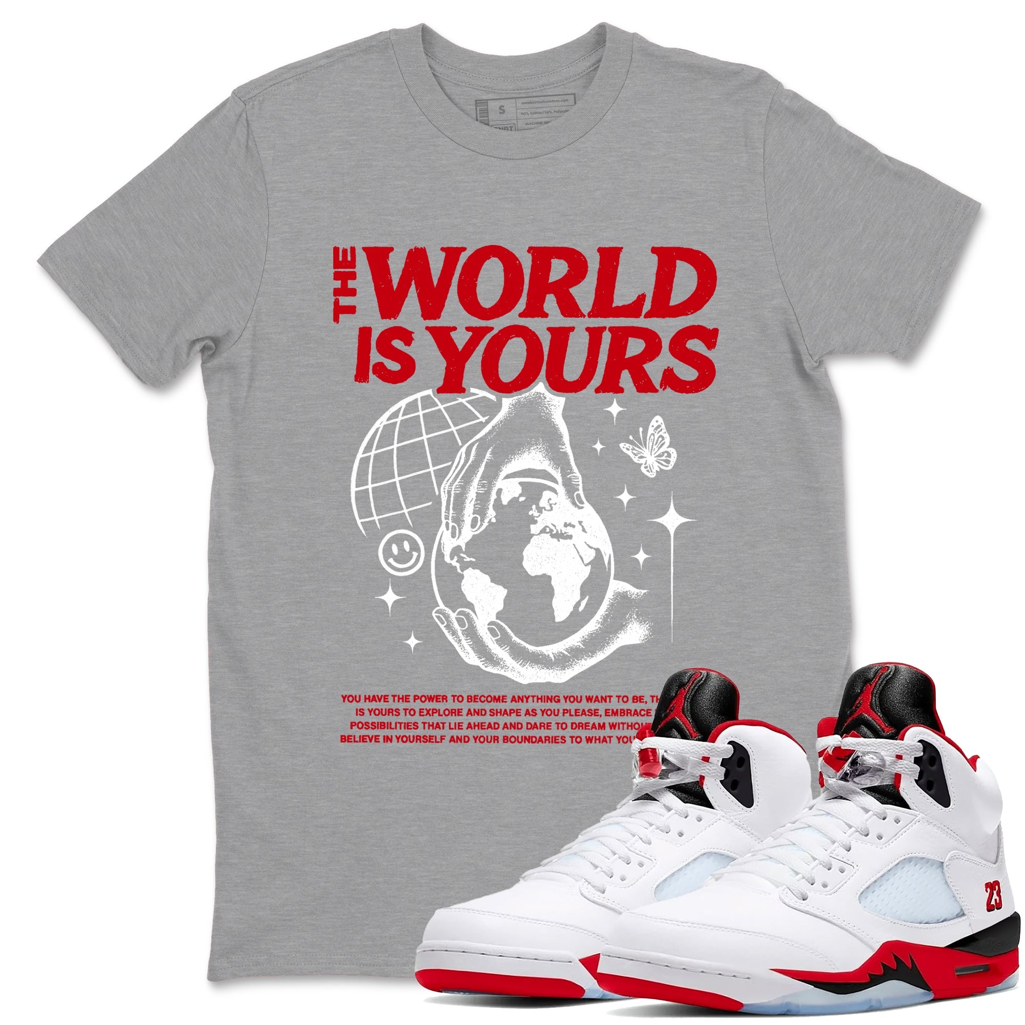 5s Fire Red Sneaker match tees  Sneaker Tees To Match Jordan 5 Retro Fire Red Sneakers  The World Is Yours Graphic Tee Heather Grey 1