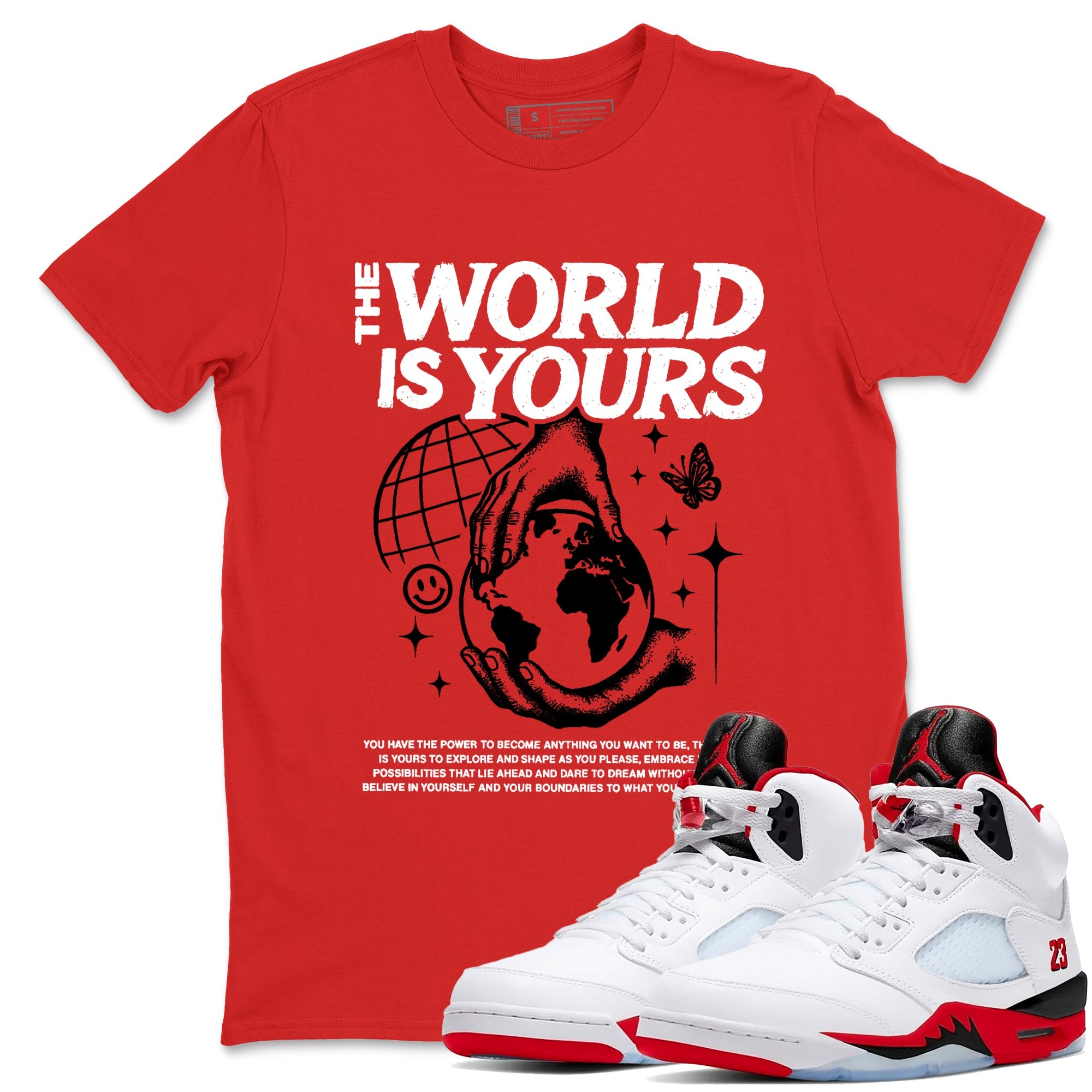 5s Fire Red Sneaker match tees  Sneaker Tees To Match Jordan 5 Retro Fire Red Sneakers  The World Is Yours Graphic Tee Red 1