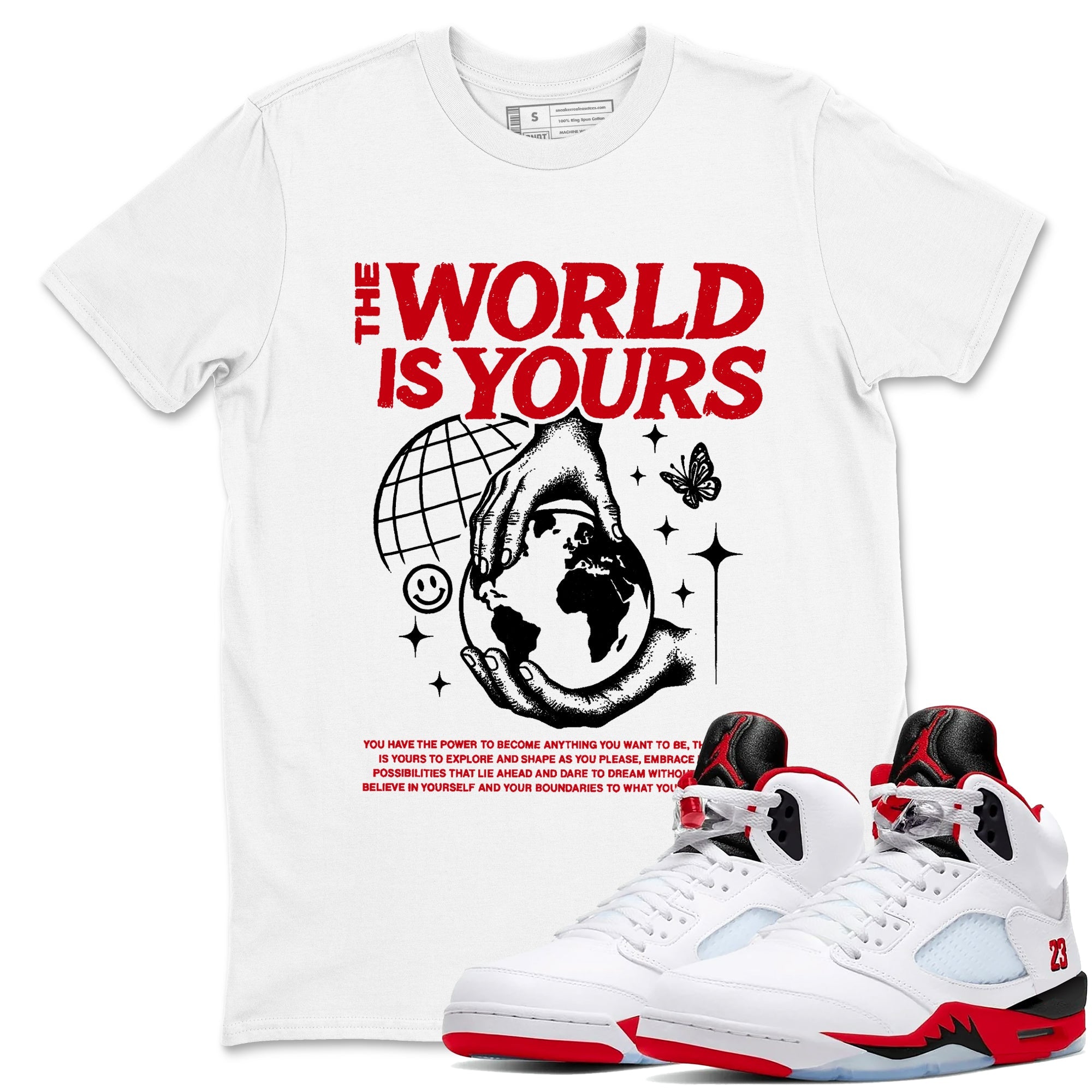 5s Fire Red Sneaker match tees  Sneaker Tees To Match Jordan 5 Retro Fire Red Sneakers  The World Is Yours Graphic Tee White 1