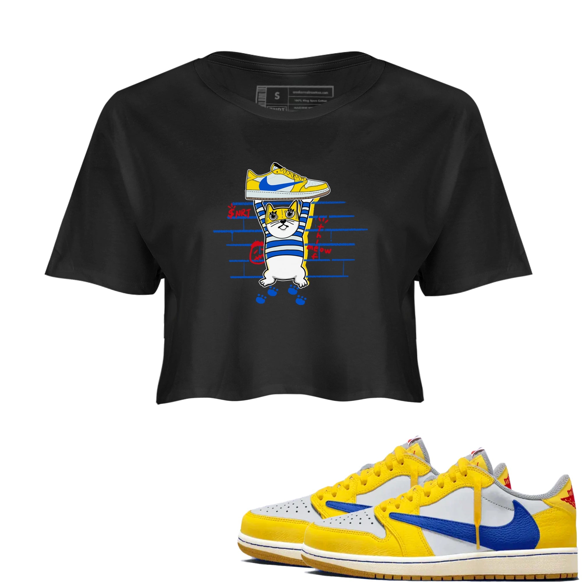 Air Jordan 1 Travis x Scott x Canary shirt to match jordans Thief Cat sneaker tees Air Jordan 1 Travis Scott Canary Drip Gear Zone Black 1 crop length shirt
