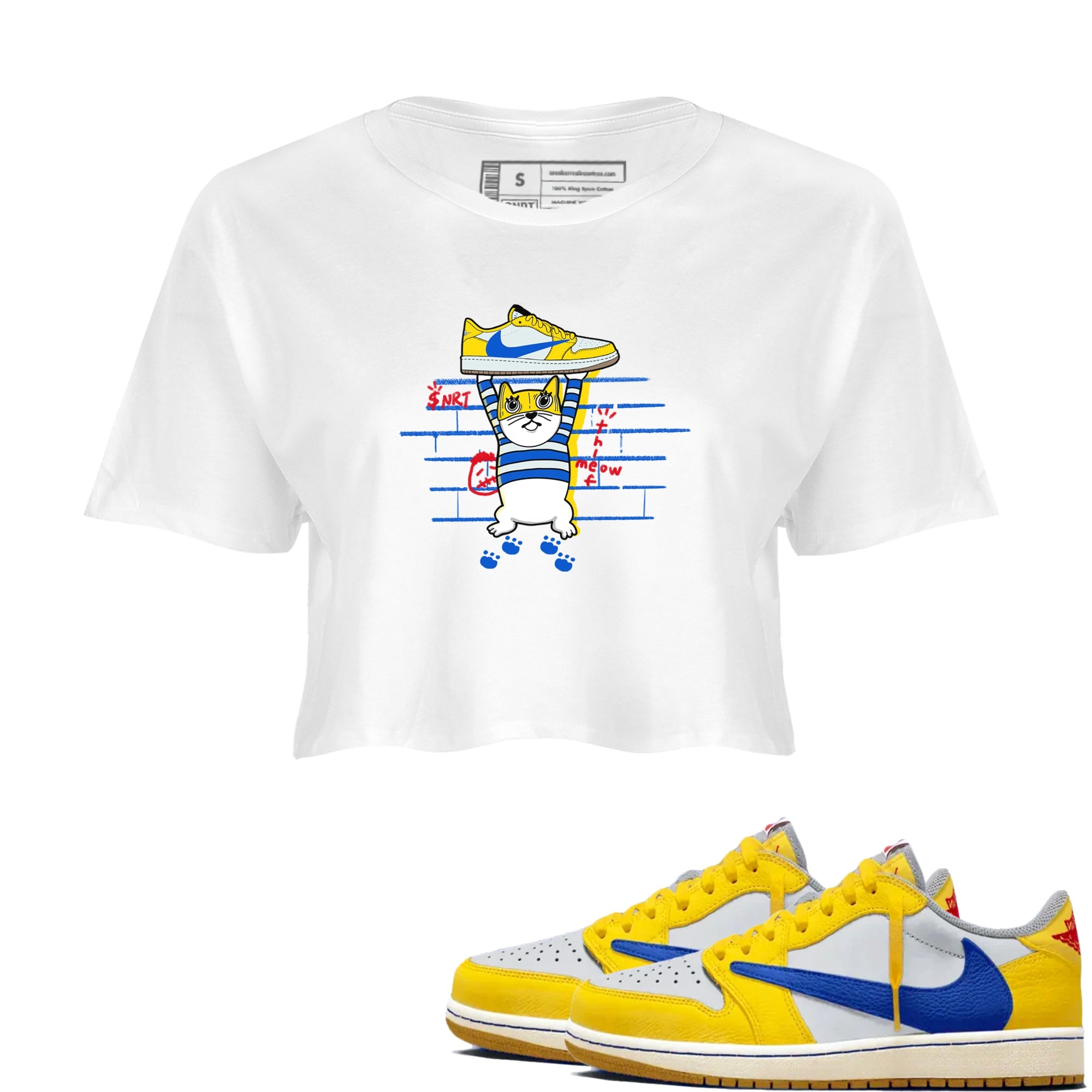 Air Jordan 1 Travis x Scott x Canary shirt to match jordans Thief Cat sneaker tees Air Jordan 1 Travis Scott Canary Drip Gear Zone White 1 crop length shirt