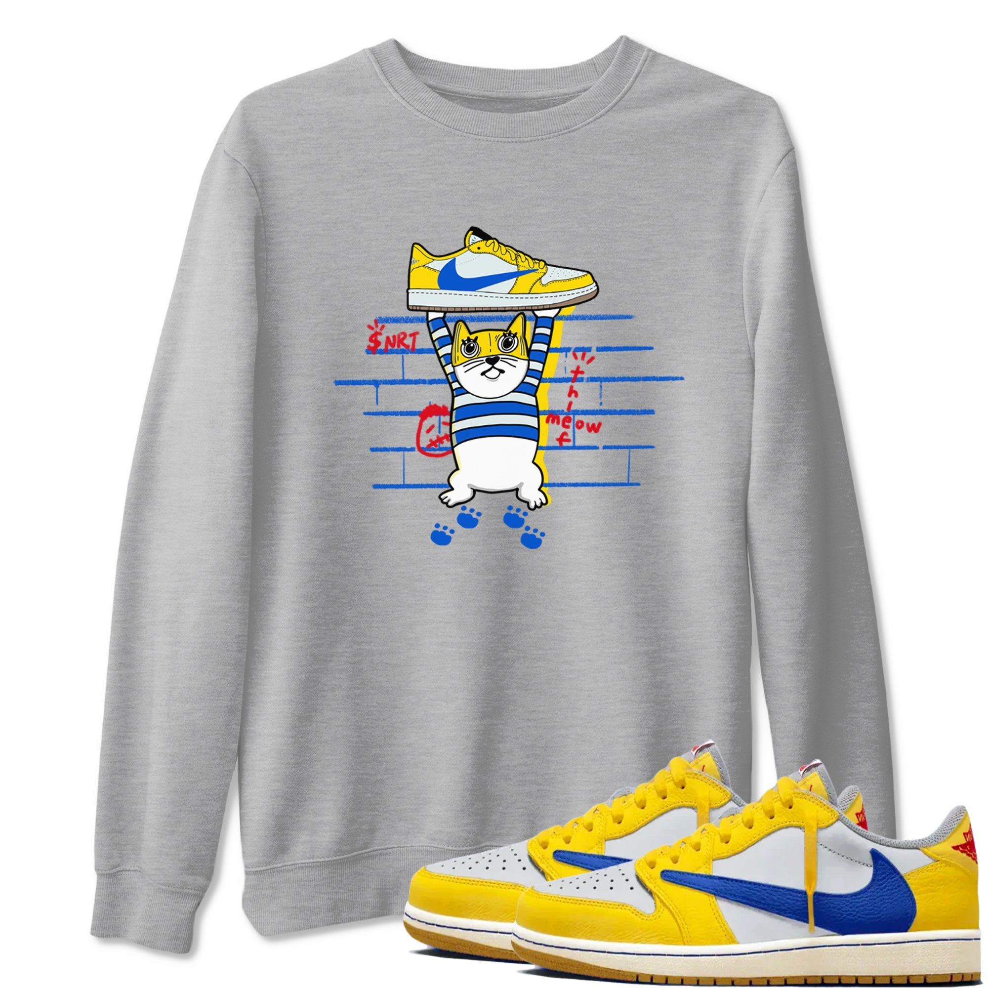 Air Jordan 1 Travis x Scott x Canary shirt to match jordans Thief Cat sneaker tees Air Jordan 1 Travis Scott Canary Drip Gear Zone unisex cotton Heather Grey 1 crew neck shirt