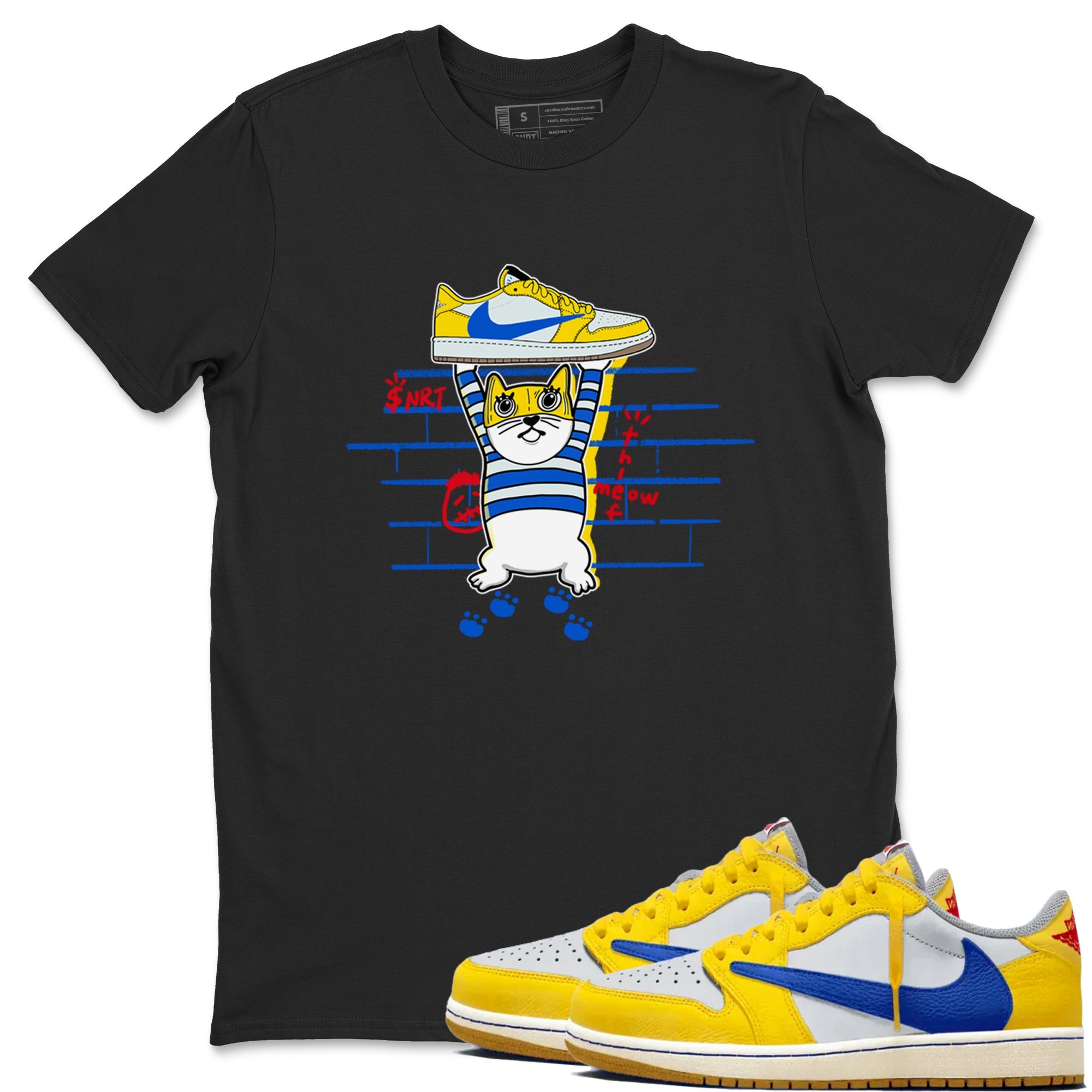 Air Jordan 1 Travis x Scott x Canary shirt to match jordans Thief Cat sneaker tees Air Jordan 1 Travis Scott Canary Drip Gear Zone unisex cotton Black 1 crew neck shirt