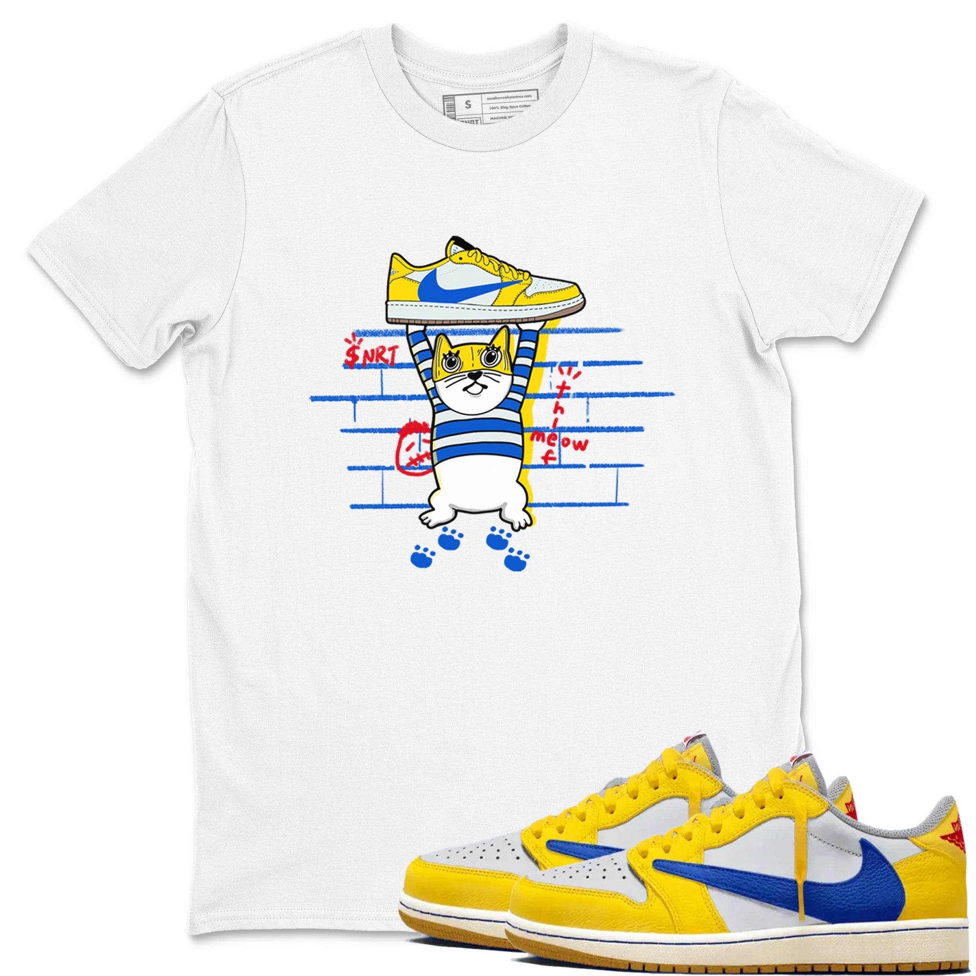 Air Jordan 1 Travis x Scott x Canary shirt to match jordans Thief Cat sneaker tees Air Jordan 1 Travis Scott Canary Drip Gear Zone unisex cotton White 1 crew neck shirt