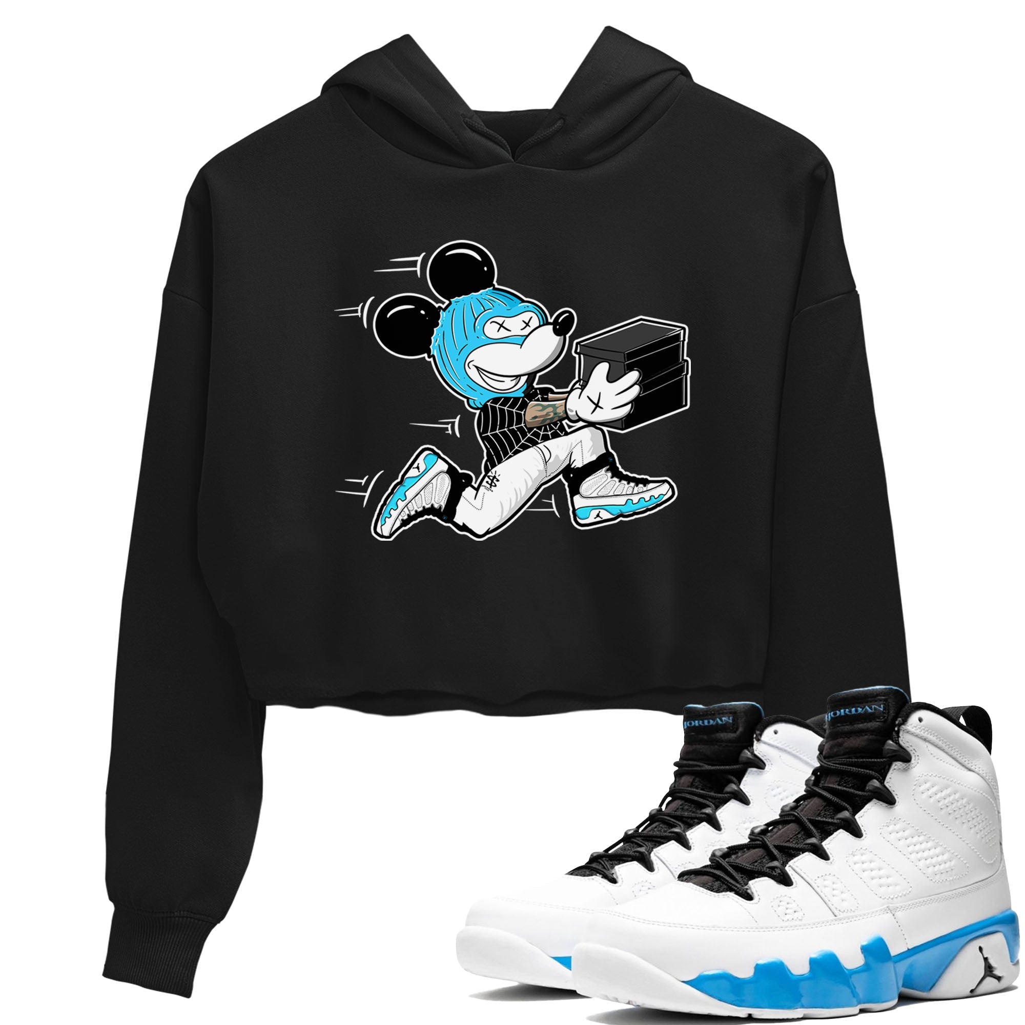 9s Powder Blue shirt to match jordans Thief Mouse sneaker tees Air Jordan 9 Powder Blue Drip Gear Zone Black 1 crop length shirt
