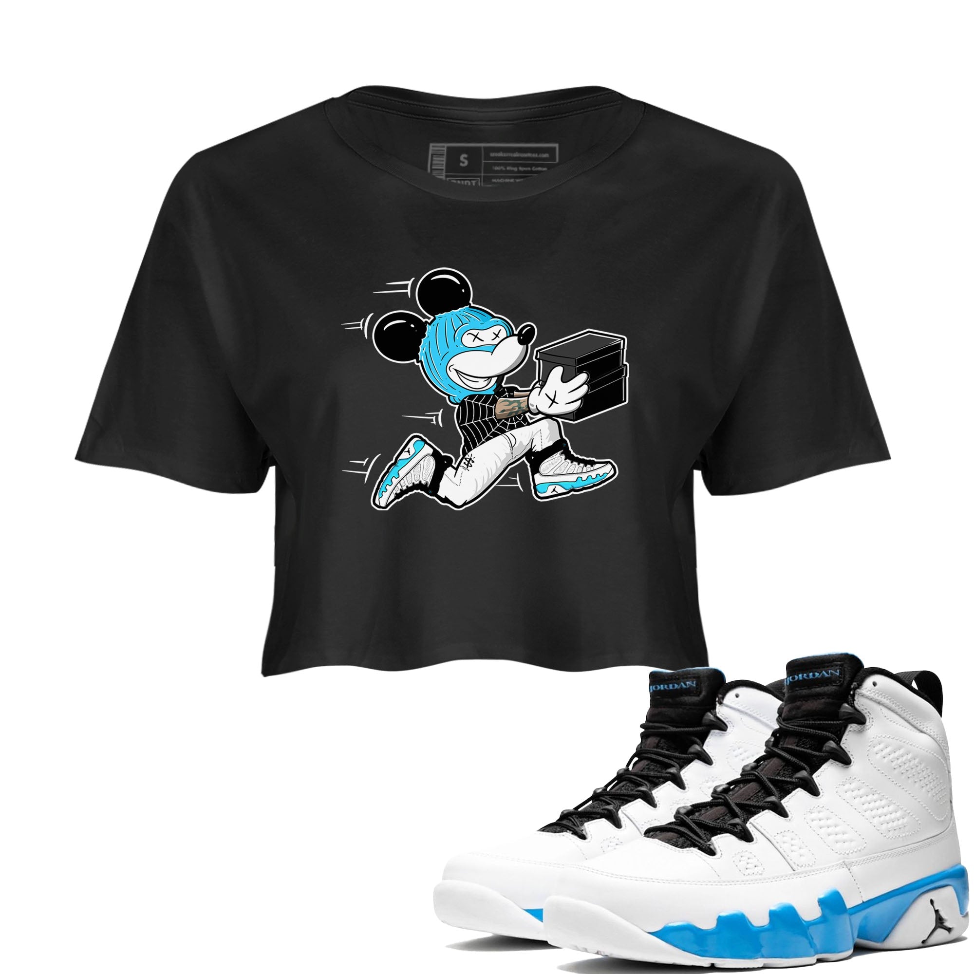 9s Powder Blue shirt to match jordans Thief Mouse sneaker tees Air Jordan 9 Powder Blue Drip Gear Zone Black 1 crop length shirt