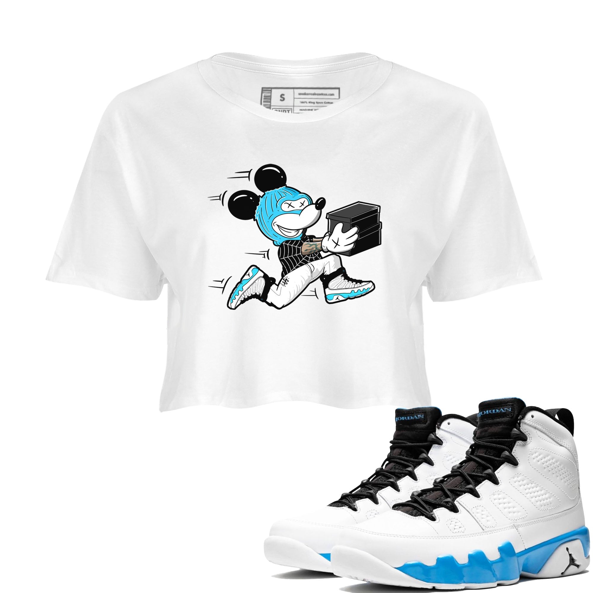 9s Powder Blue shirt to match jordans Thief Mouse sneaker tees Air Jordan 9 Powder Blue Drip Gear Zone White 1 crop length shirt