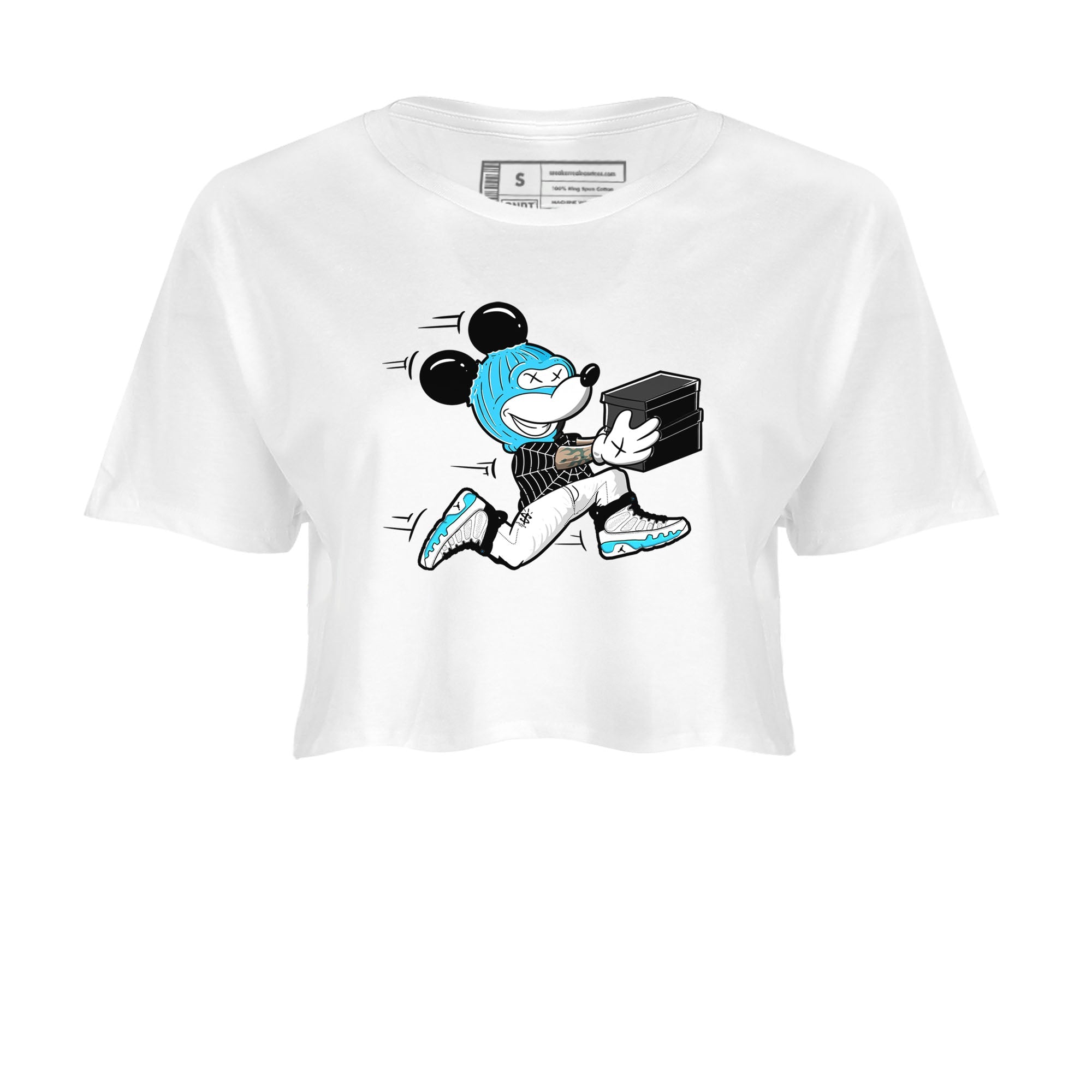 9s Powder Blue shirt to match jordans Thief Mouse sneaker tees Air Jordan 9 Powder Blue Drip Gear Zone White 2 crop length shirt