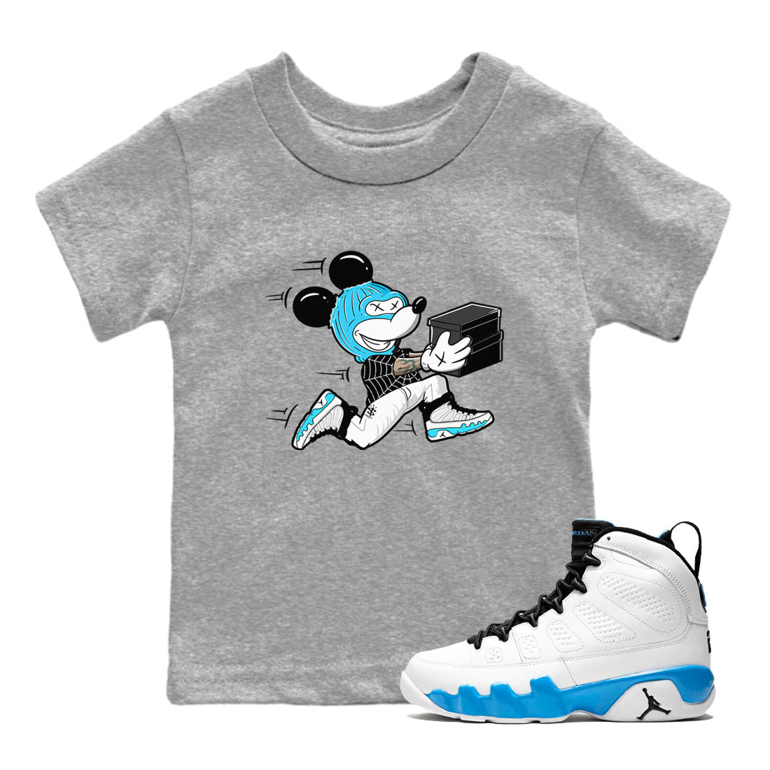 9s Powder Blue shirt to match jordans Thief Mouse sneaker tees Air Jordan 9 Powder Blue Drip Gear Zone baby toddler Heather Grey 1 cotton Shirt
