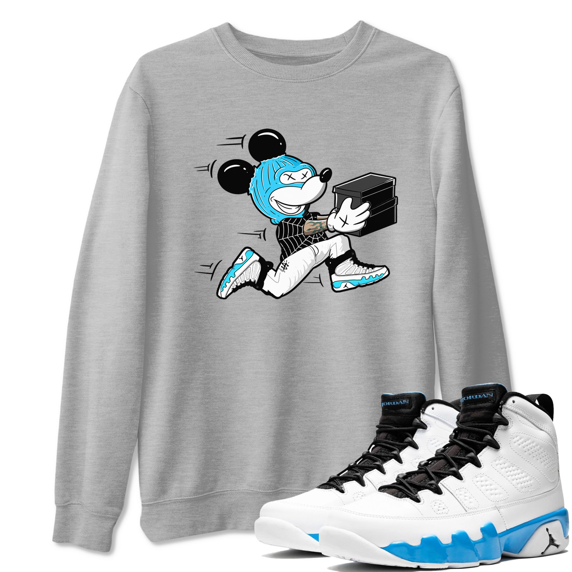 9s Powder Blue shirt to match jordans Thief Mouse sneaker tees Air Jordan 9 Powder Blue Drip Gear Zone unisex cotton Heather Grey 1 crew neck shirt
