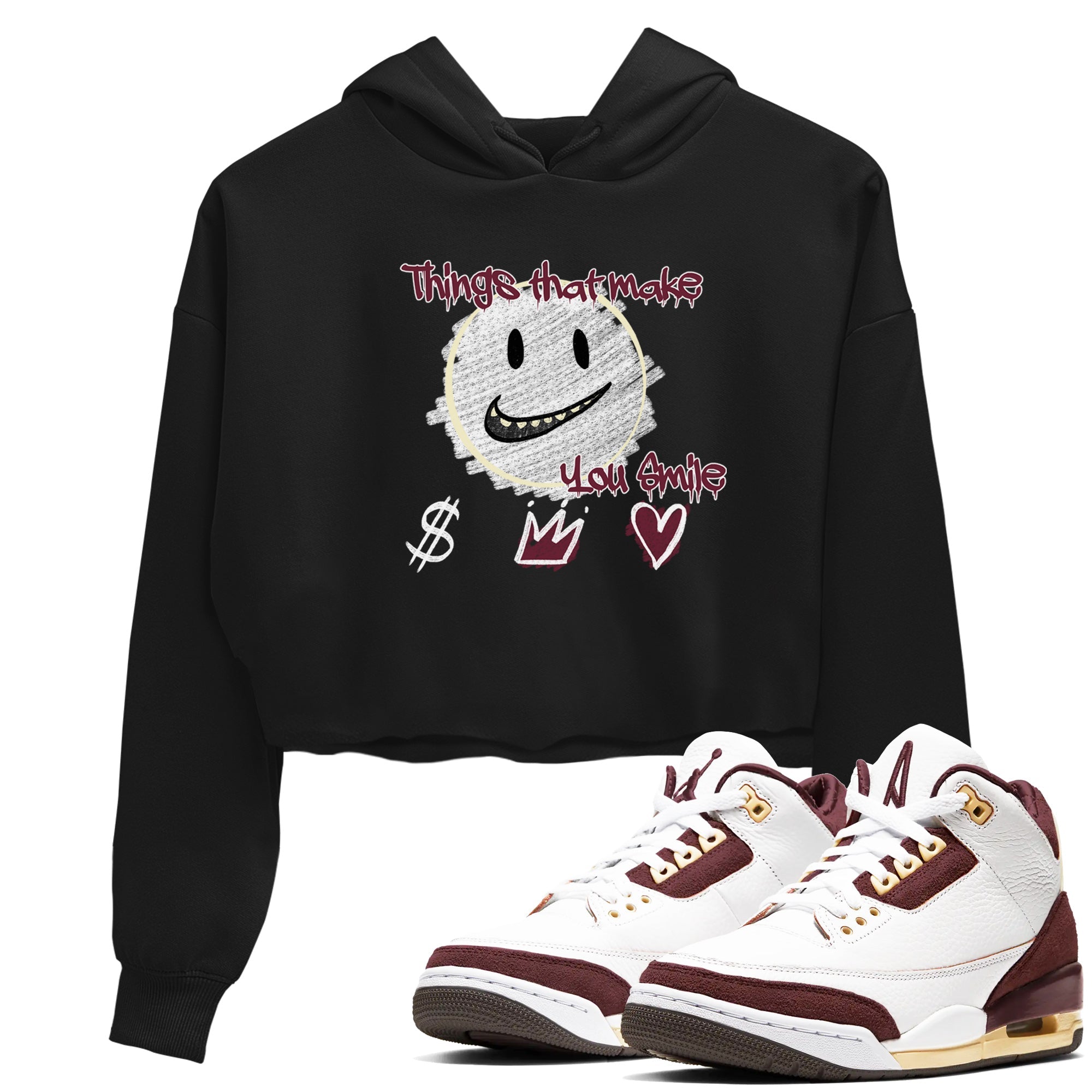 AJ3 A Ma Maniere x Burgundy Crush shirts to match jordans Things That Make You Smile sneaker match tees A Ma Maniére x Air Jordan 3 "Burgundy Crush" Drip Gear Zone streetwear brand Black 1 crop tee