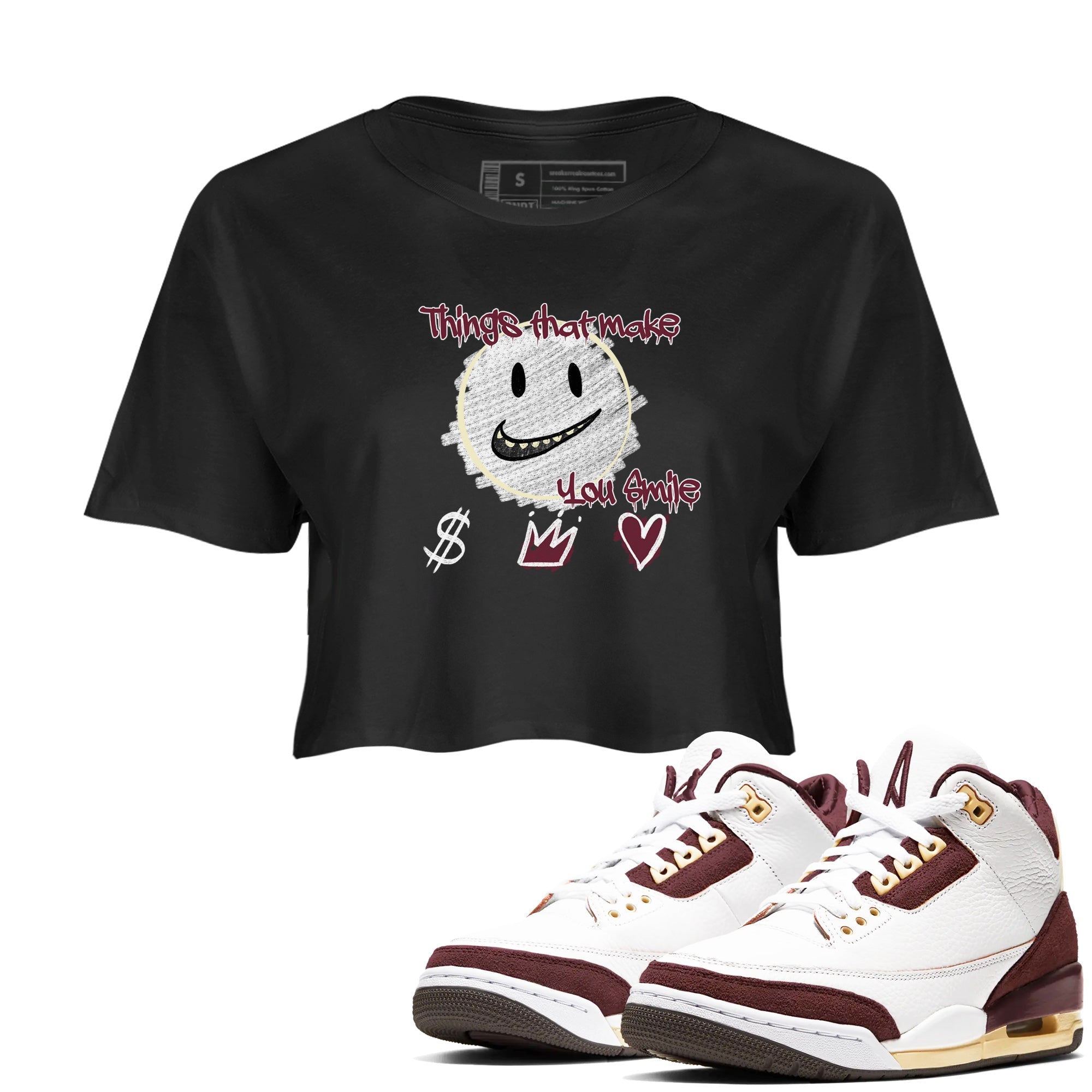 AJ3 A Ma Maniere x Burgundy Crush shirts to match jordans Things That Make You Smile sneaker match tees A Ma Maniére x Air Jordan 3 "Burgundy Crush" Drip Gear Zone streetwear brand Black 1 crop tee
