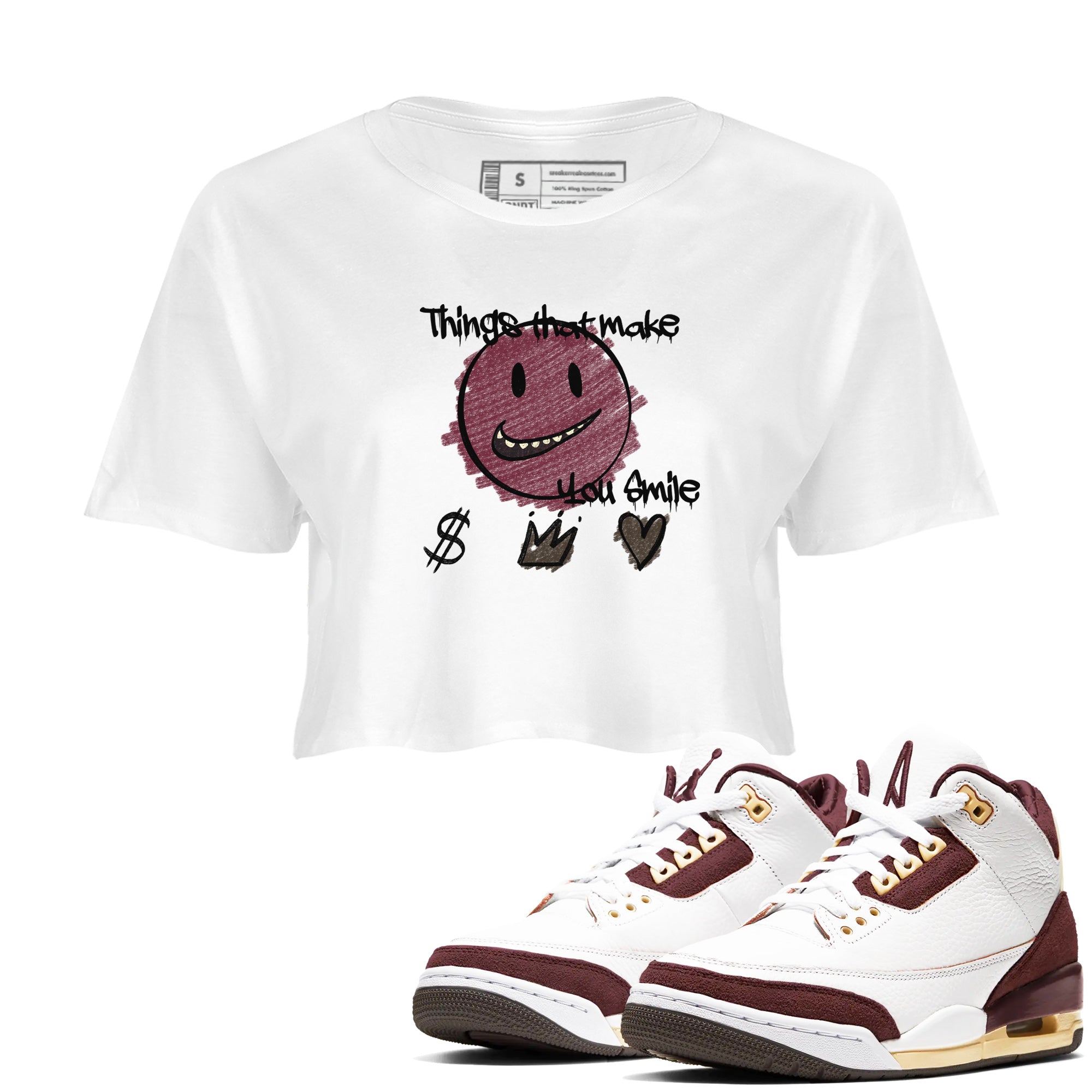 AJ3 A Ma Maniere x Burgundy Crush shirts to match jordans Things That Make You Smile sneaker match tees A Ma Maniére x Air Jordan 3 "Burgundy Crush" Drip Gear Zone streetwear brand White 1 crop tee