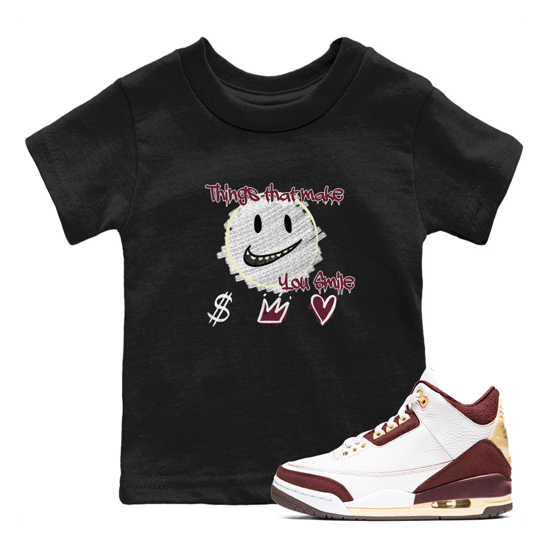 AJ3 A Ma Maniere x Burgundy Crush shirts to match jordans Things That Make You Smile sneaker match tees A Ma Maniére x Air Jordan 3 "Burgundy Crush" Drip Gear Zone streetwear brand Baby and Youth Black 1 cotton tee